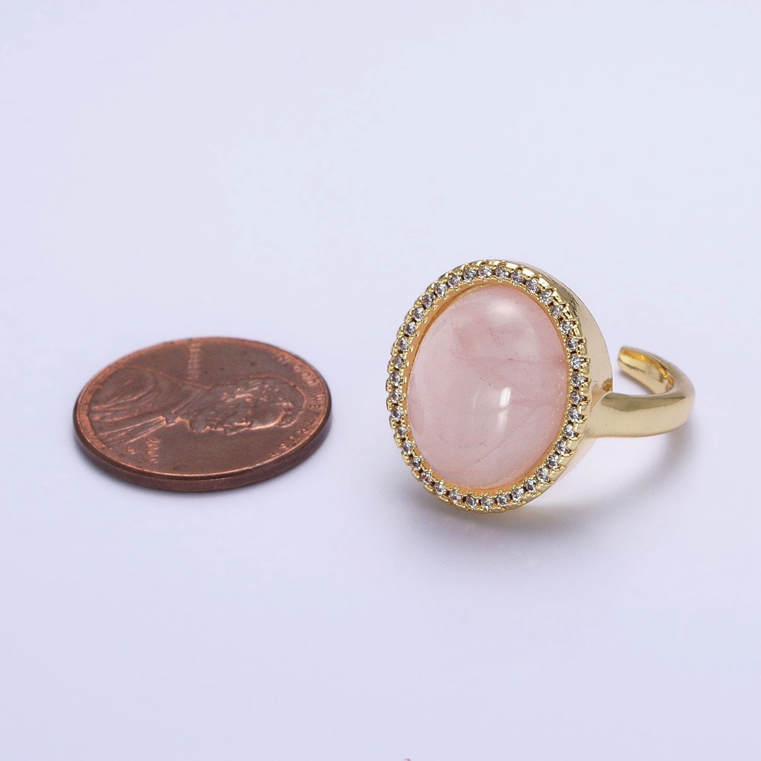 Micro Pave Healing Crystal Ring Rose Quartz Stone Ring in 24k Gold Filled Adjustable Ring AA1356 - DLUXCA