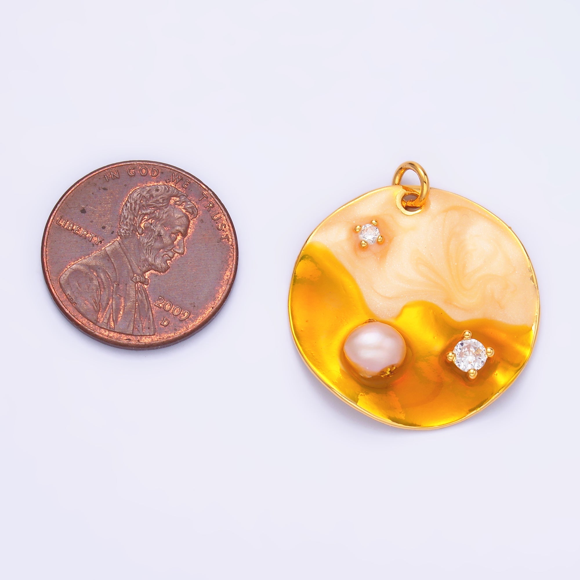 Yellow Gold Coin Charm enamel with pearl beads 24k Gold Filled M-258