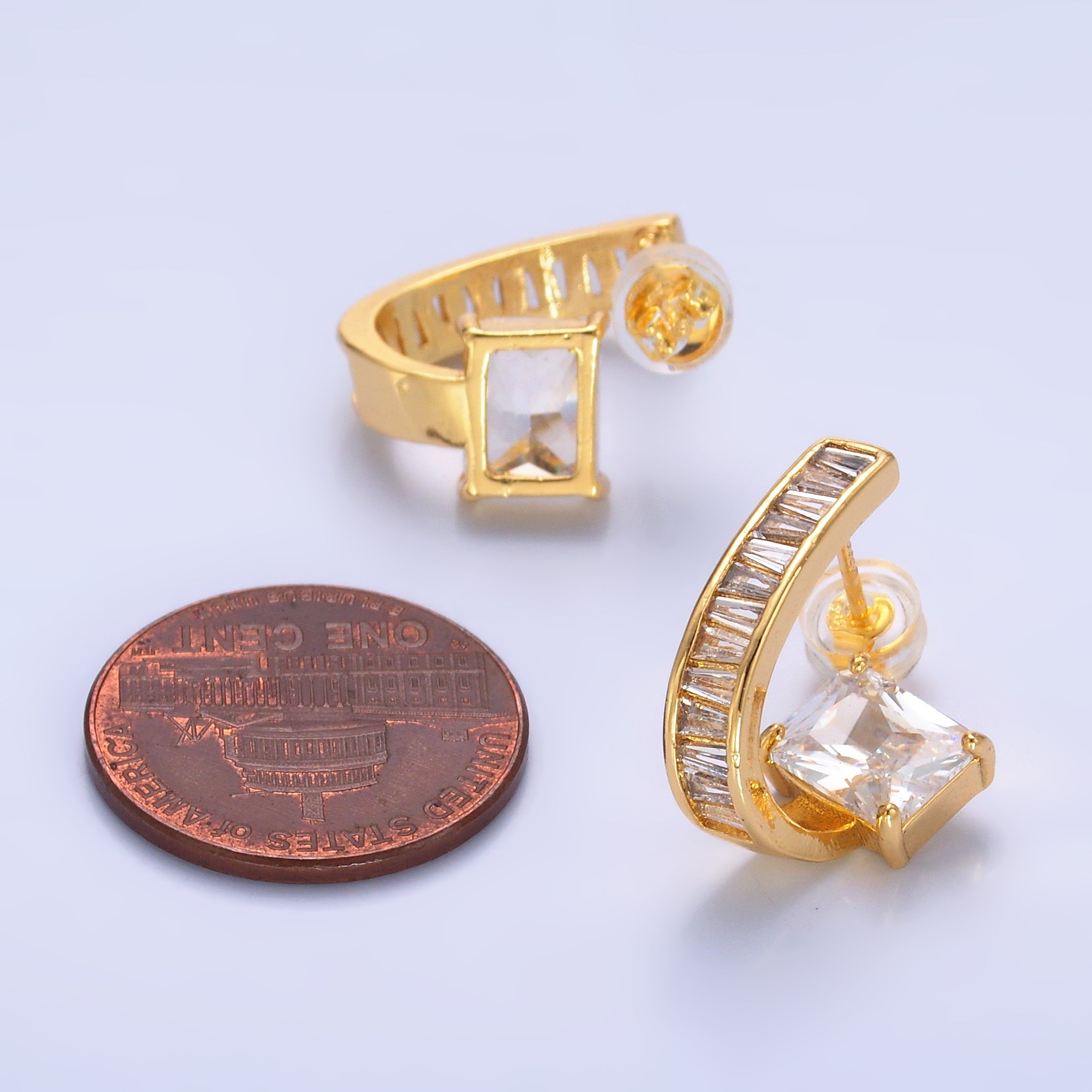 24K Gold Filled Clear CZ Baguette J-Shaped Hoop Earrings | AB713