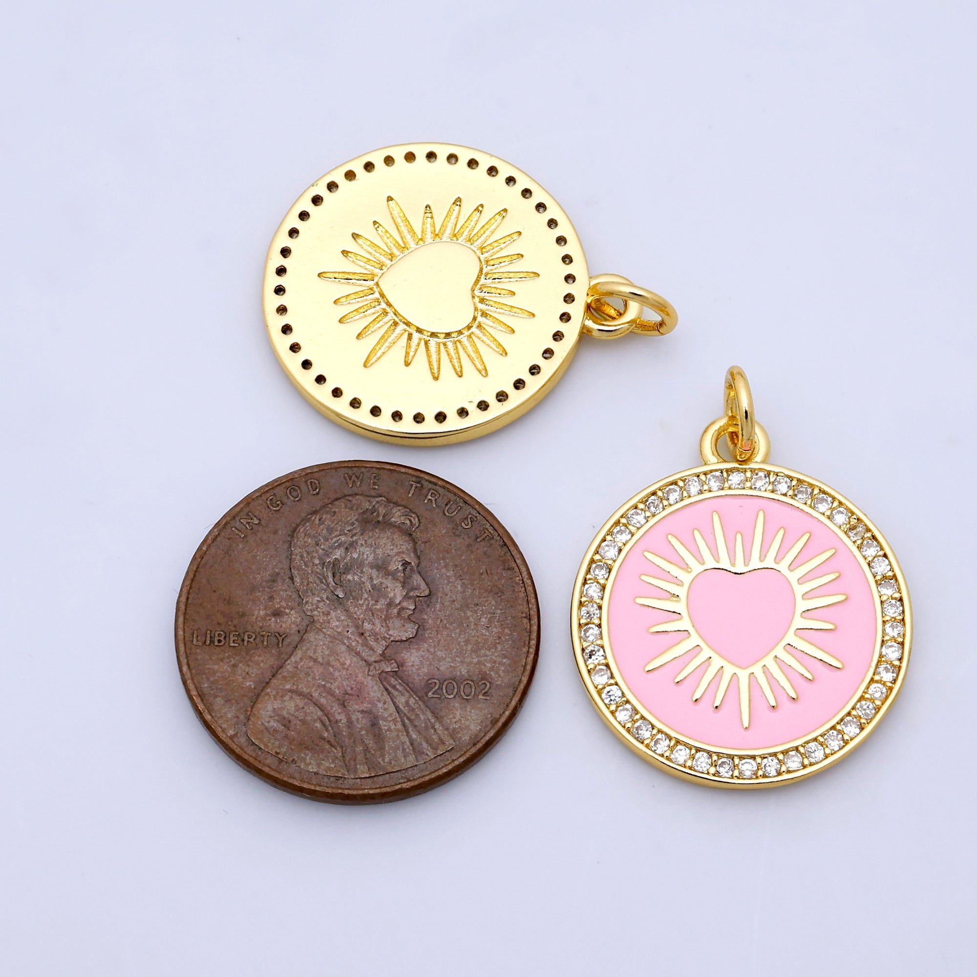 24K Gold Filled Sacred Heart Pink Enamel Micro Paved Round Charm | M185
