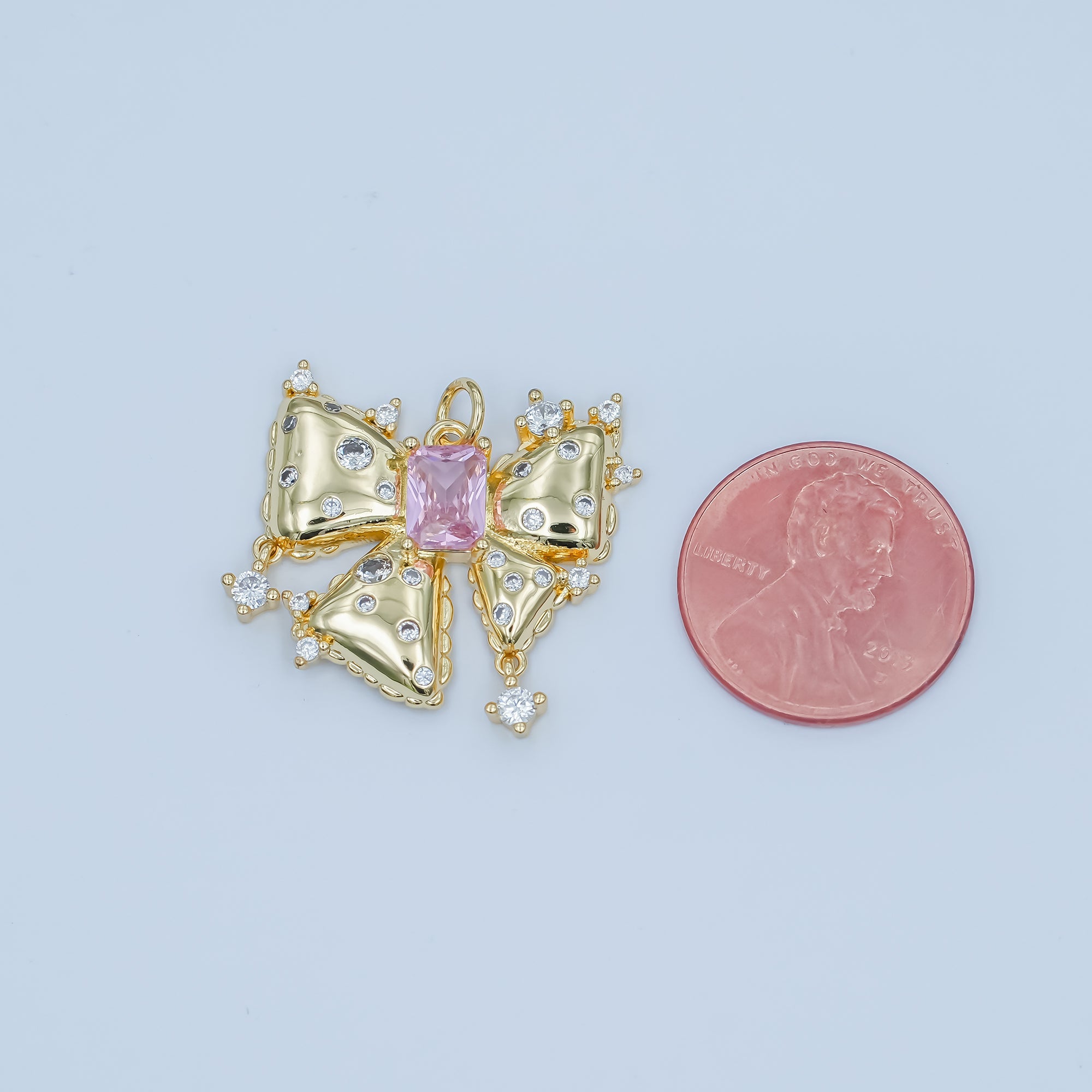 24K Gold Filled Pink Baguette CZ Dotted Ribbon Bow Charm | N040