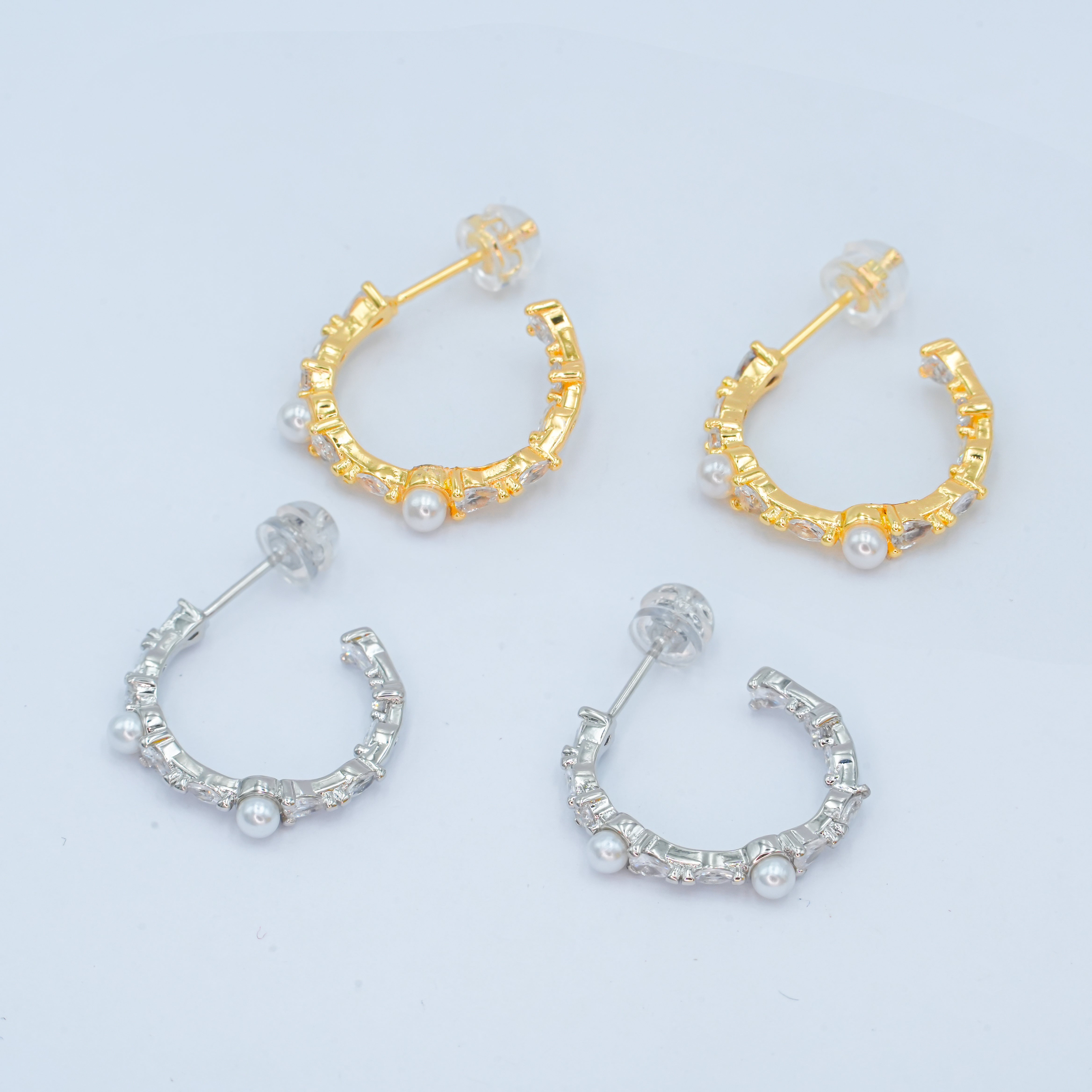 24K Gold Filled CZ Shell Pearl C-Shape Earrings in Gold & Silver | AB1467 AB1468