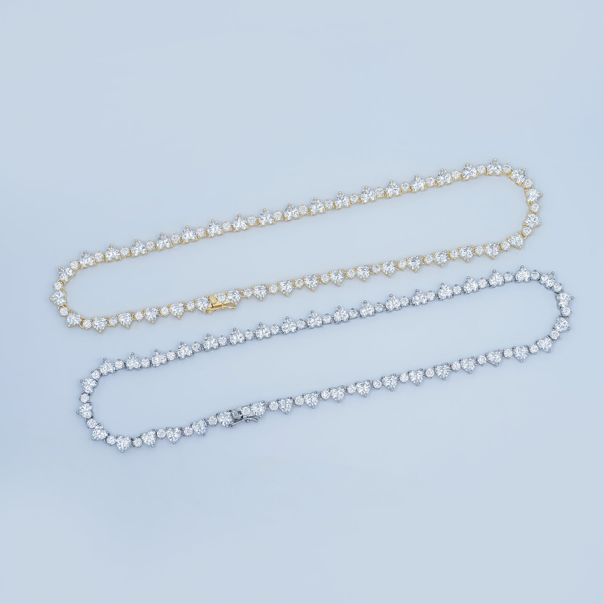 24K Gold Filled Heart CZ Tennis Chain 17 Inch Necklace in Gold & Silver | WA-2861 WA-2862