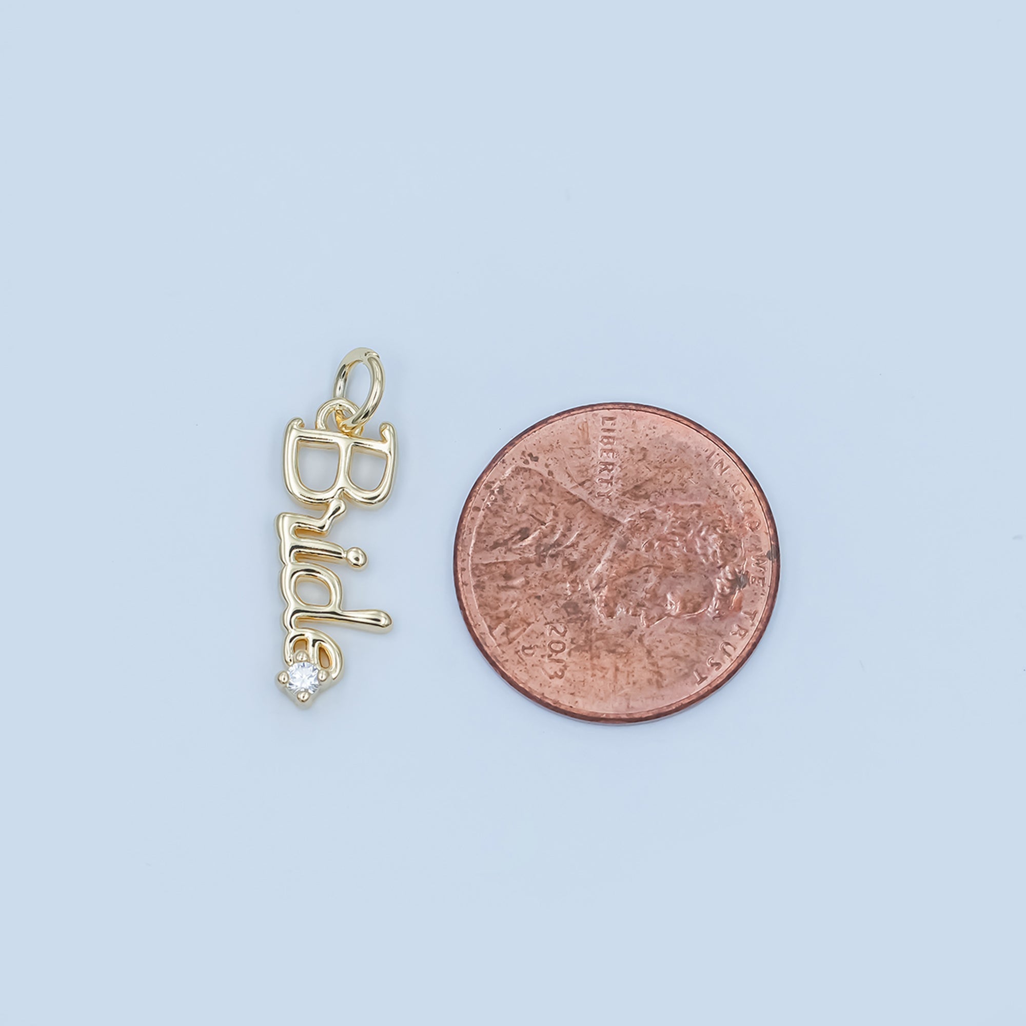 24K Gold Filled "Bride" Cursive Script CZ Charm in Gold & Silver | N091