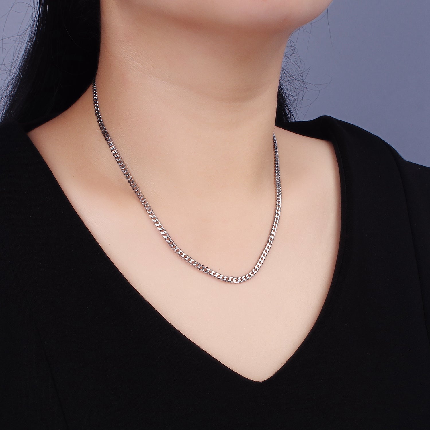 Rhodium Plated 3.5mm Concave Flat Curb 18 Inch Layering Chain Necklace | WA-2316