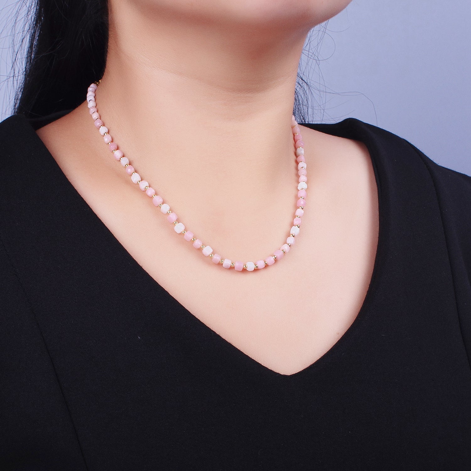 16 Inch Natural Pink Opal Multifaceted Cube Gemstone w. Gold Bead Choker Necklace | WA-1444 - DLUXCA