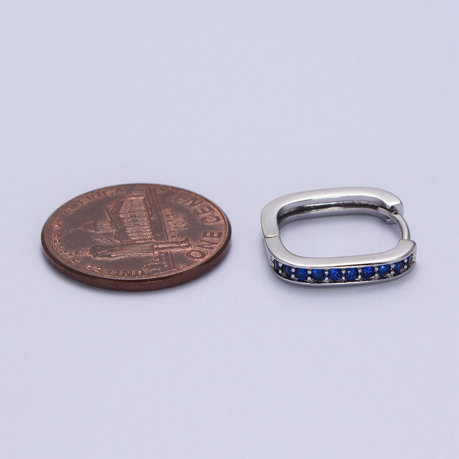 White Gold Filled Blue Micro Paved CZ Lined Silver Square Huggie Earrings | P499 - DLUXCA