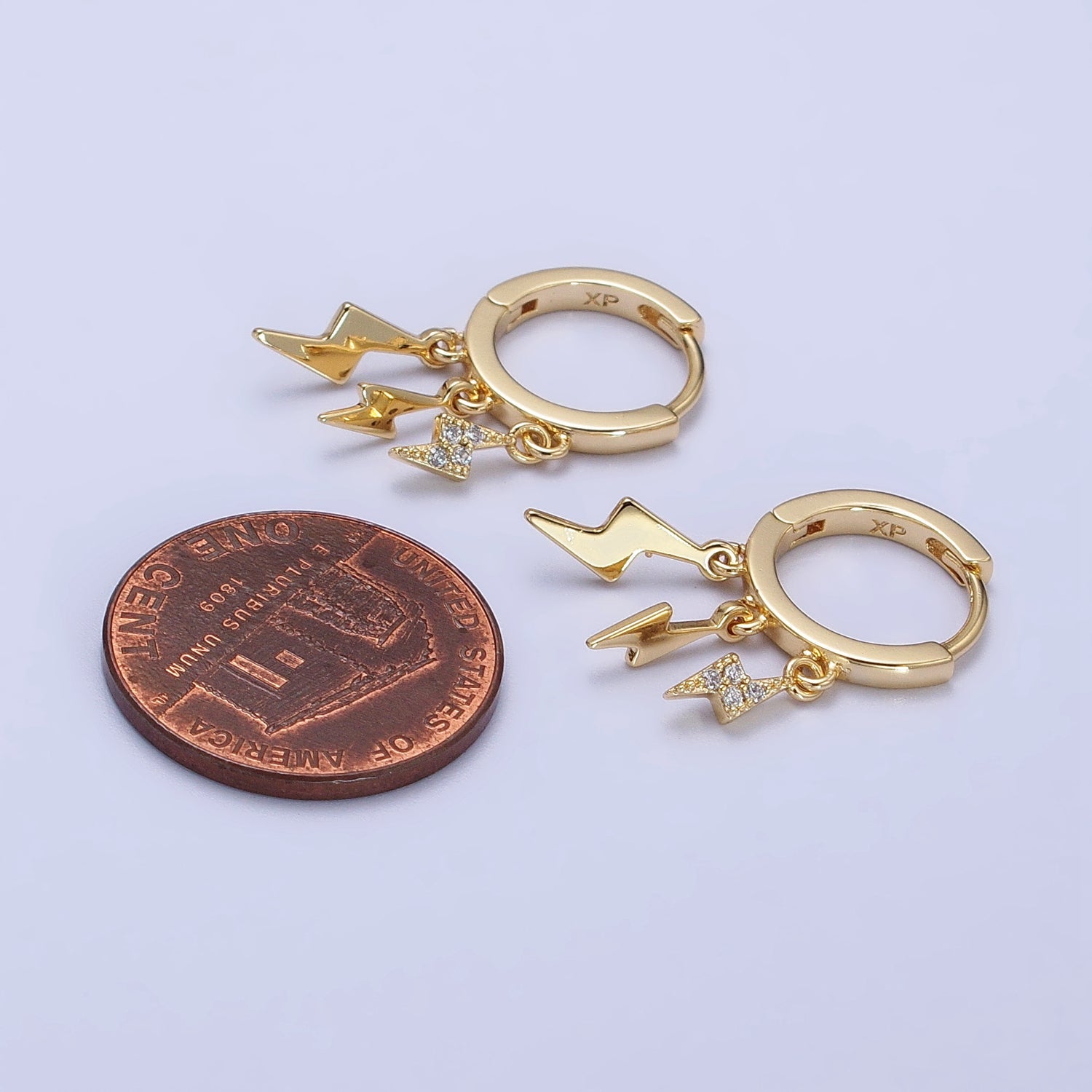 Gold Triple Clear Micro Paved CZ Lightning Bolt Dangle Drop 14mm Huggie Earrings | AB245 - DLUXCA