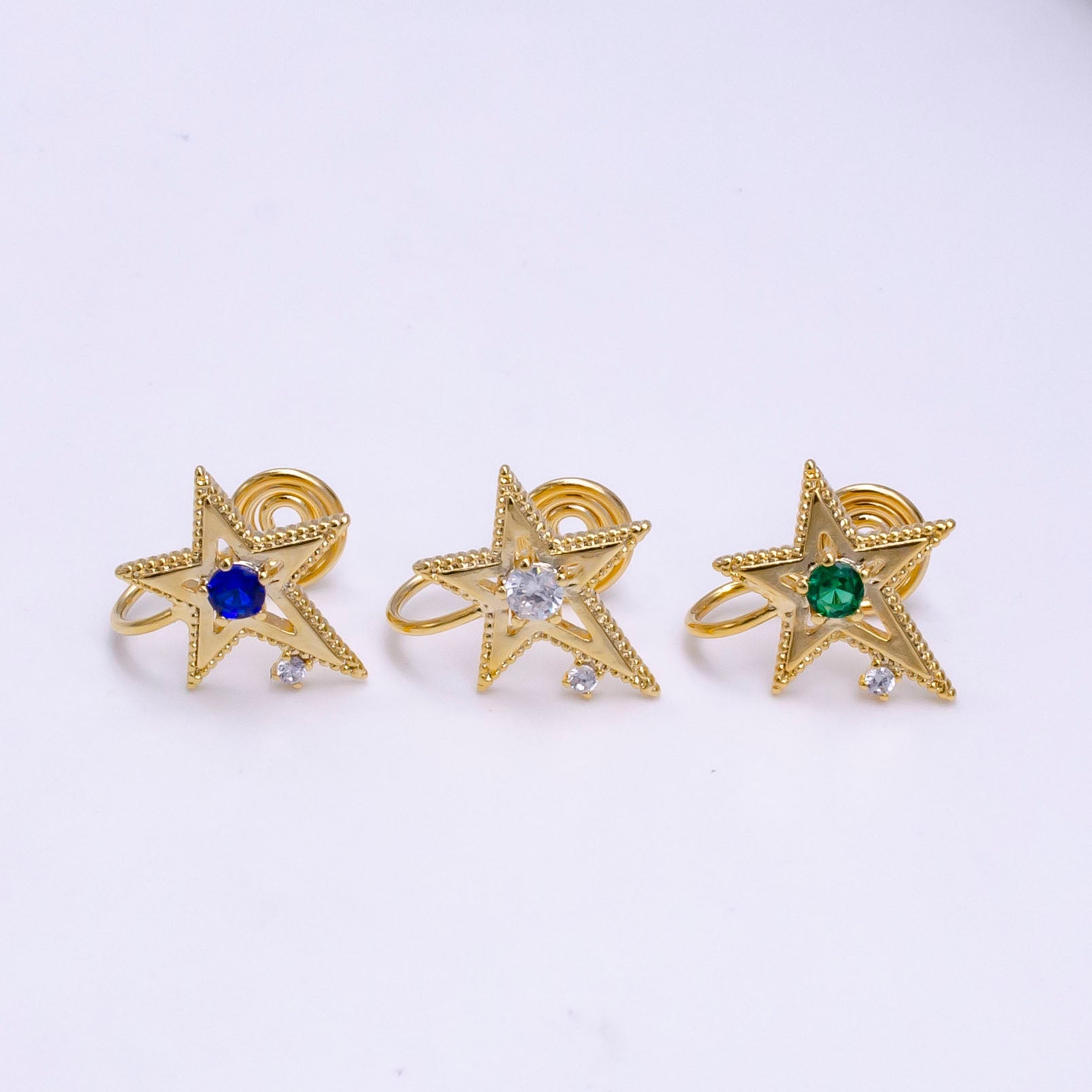 14K Gold Filled Blue, Clear, Green CZ Open Celestial Star Beaded Ear Cuff Earrings | AI113 AI114 AI115 - DLUXCA