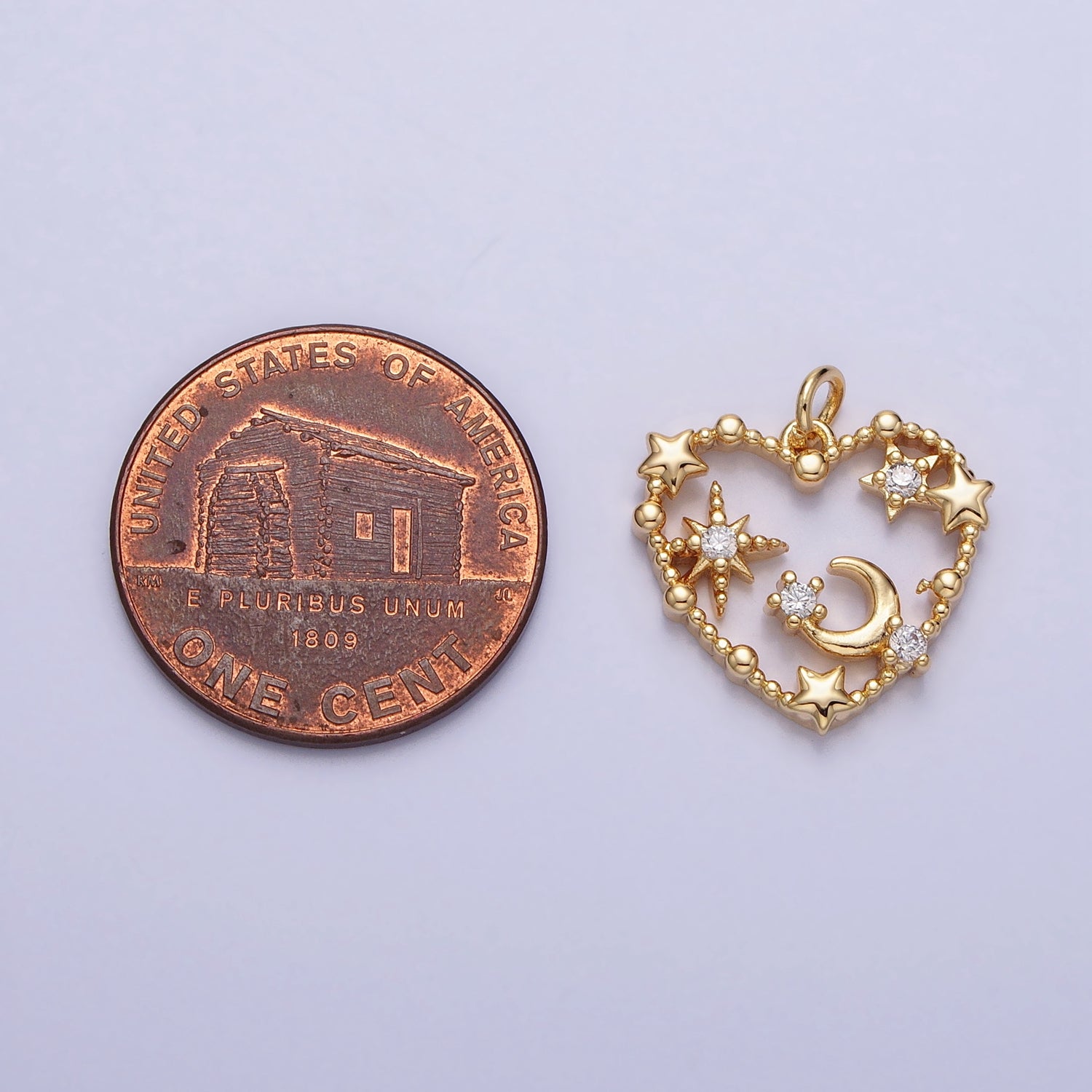 Gold, Silver Beaded Celestial Crescent Moon Stars CZ Open Heart Charm | AC743 AC744