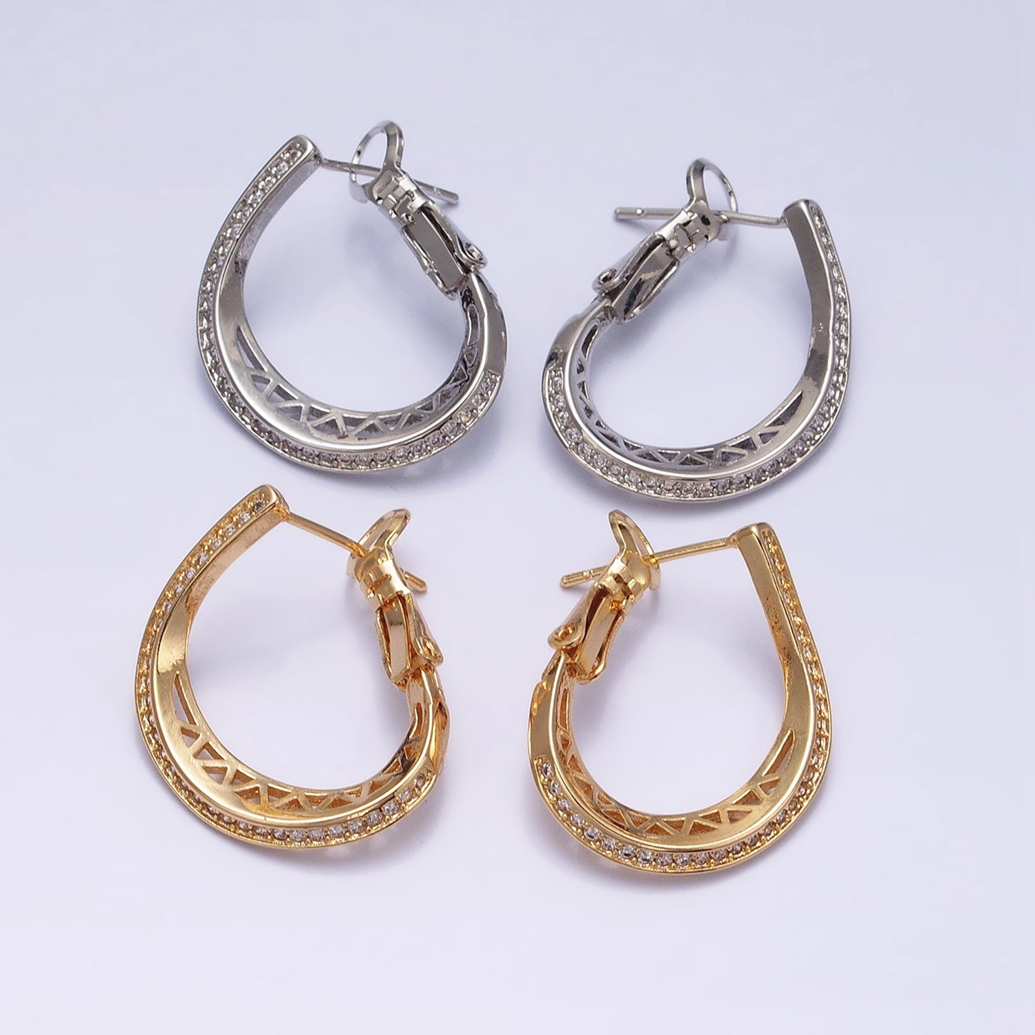16K Gold Filled Triangle Filigree Micro Paved CZ Front-Facing Hinge Hoop Earrings in Gold & Silver | AD923 AD924 - DLUXCA