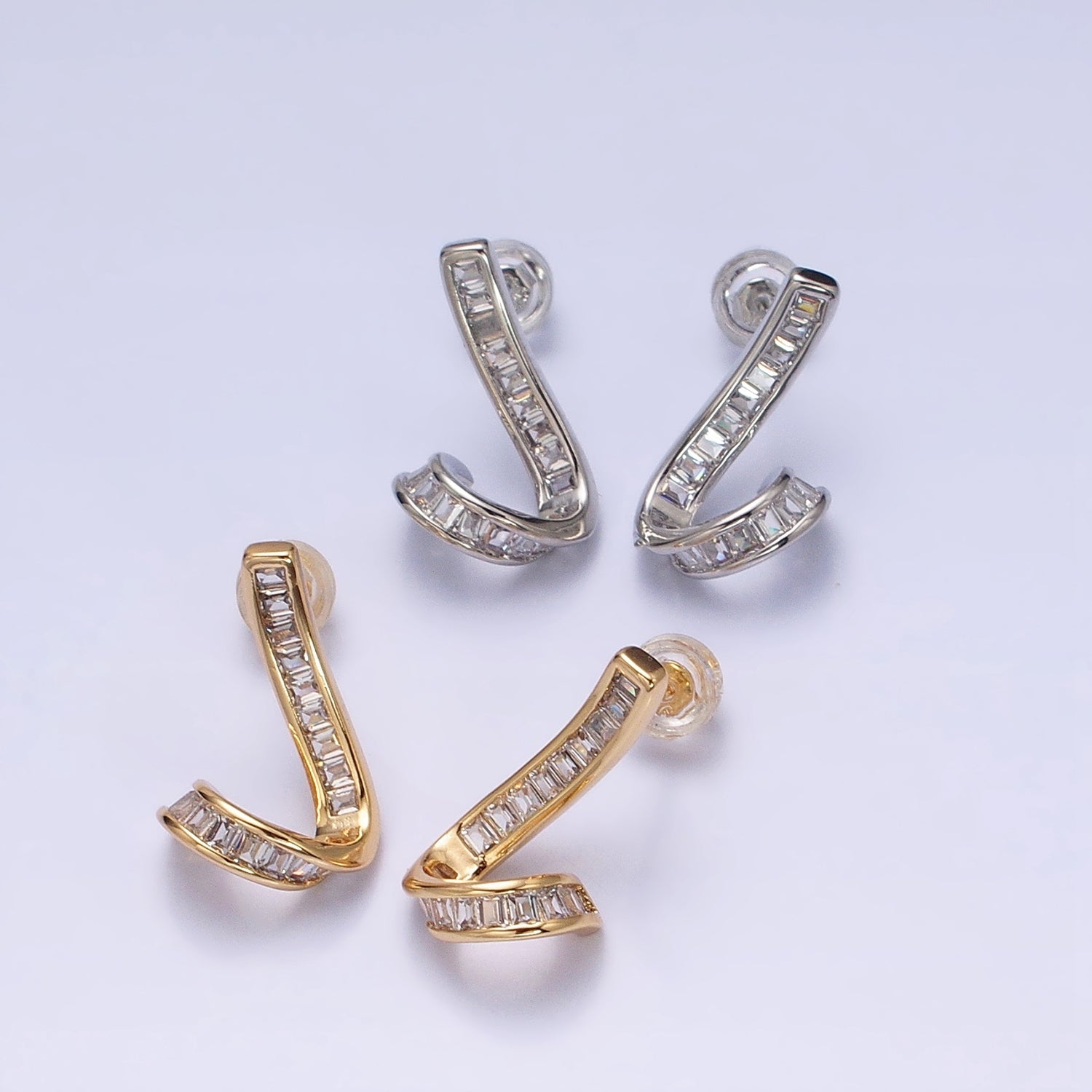 Gold, Silver Geometric Clear Baguette Bar Twirl Stud Earrings | AD893 AD894 - DLUXCA