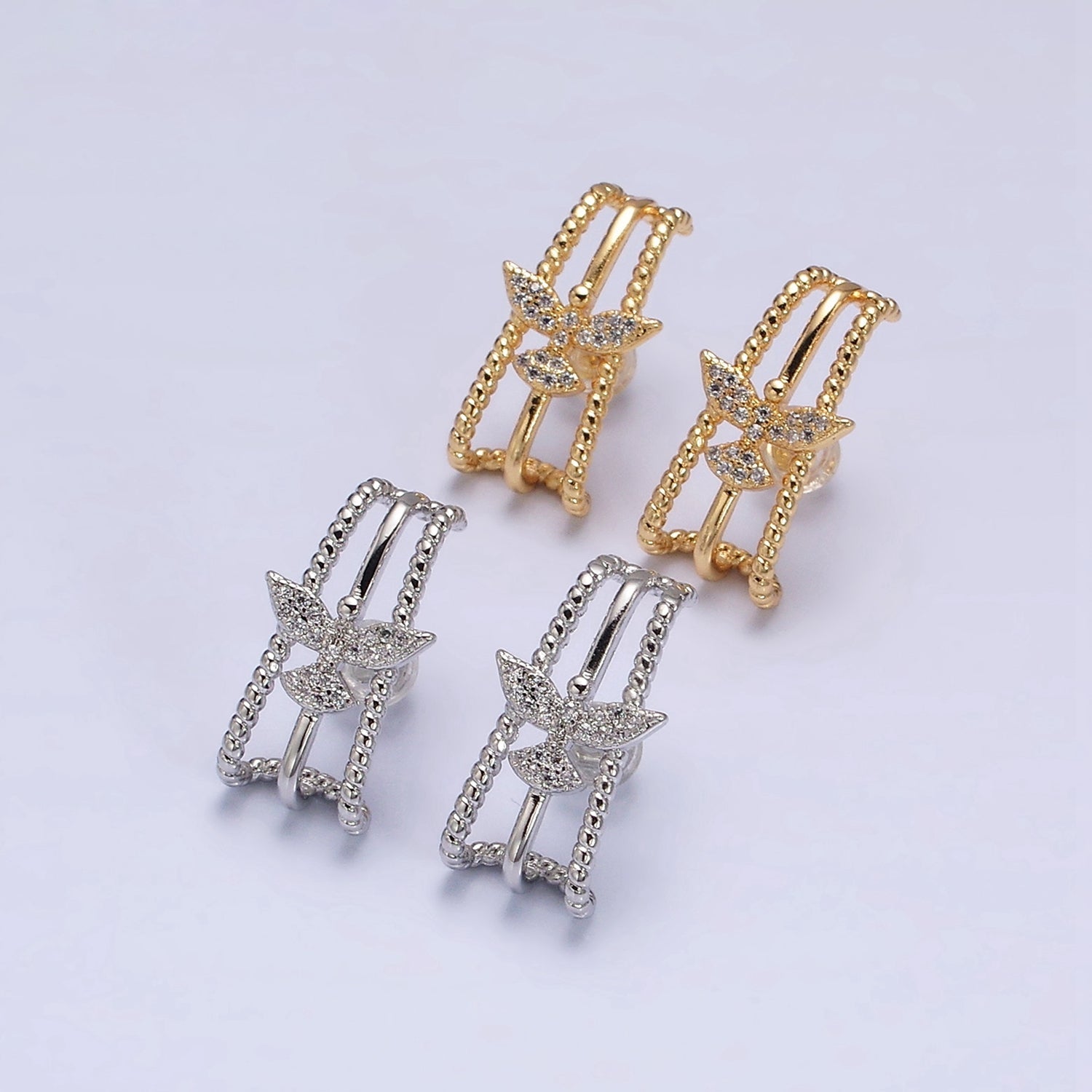 16K Gold Filled Triple Bar Twist Micro Paved CZ Bird 20mm Stud Earrings Set in Gold & Silver | AE848 AE849 - DLUXCA