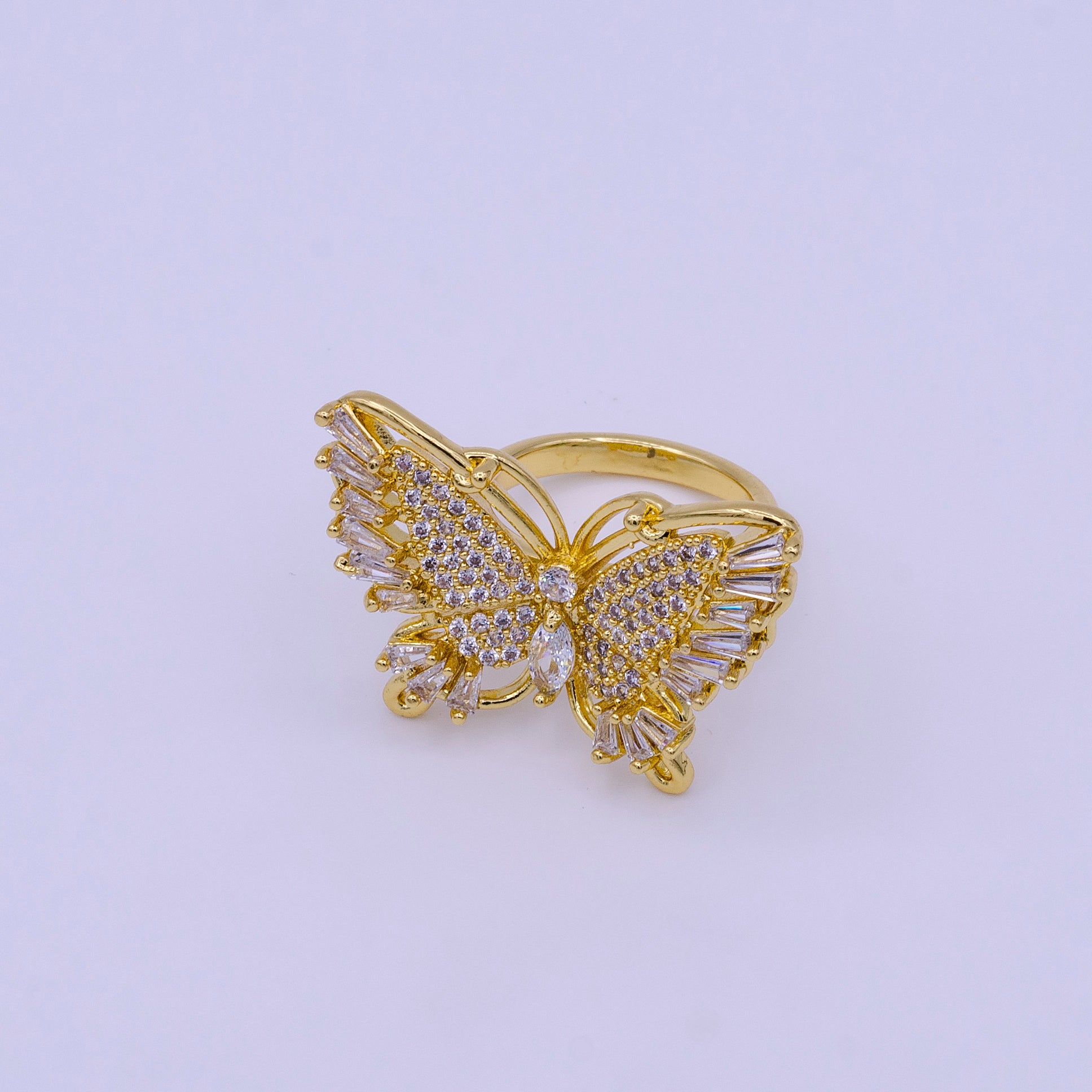 24K Gold Filled Antenna Monarch Butterfly Marquise Baguette Micro Paved Wings Ring | AA1321 - DLUXCA