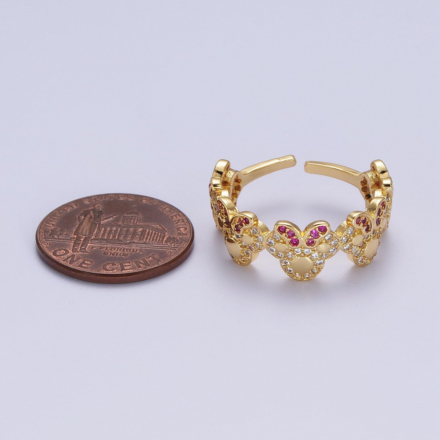 Clear Micro Paved CZ Fuchsia-Bowed Mouses Adjustable Gold Ring | Y478 - DLUXCA