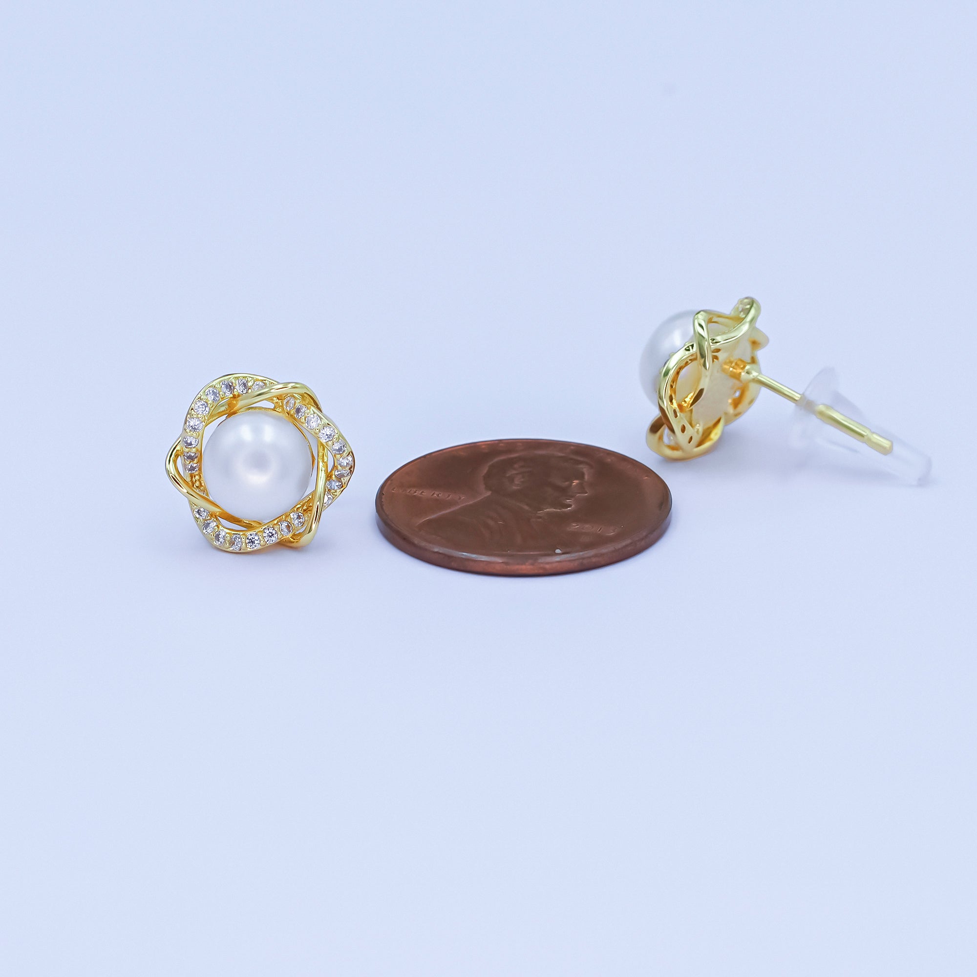 24K Gold Filled Shell Pearl Wave Micro Paved Stud Earrings | AB1103