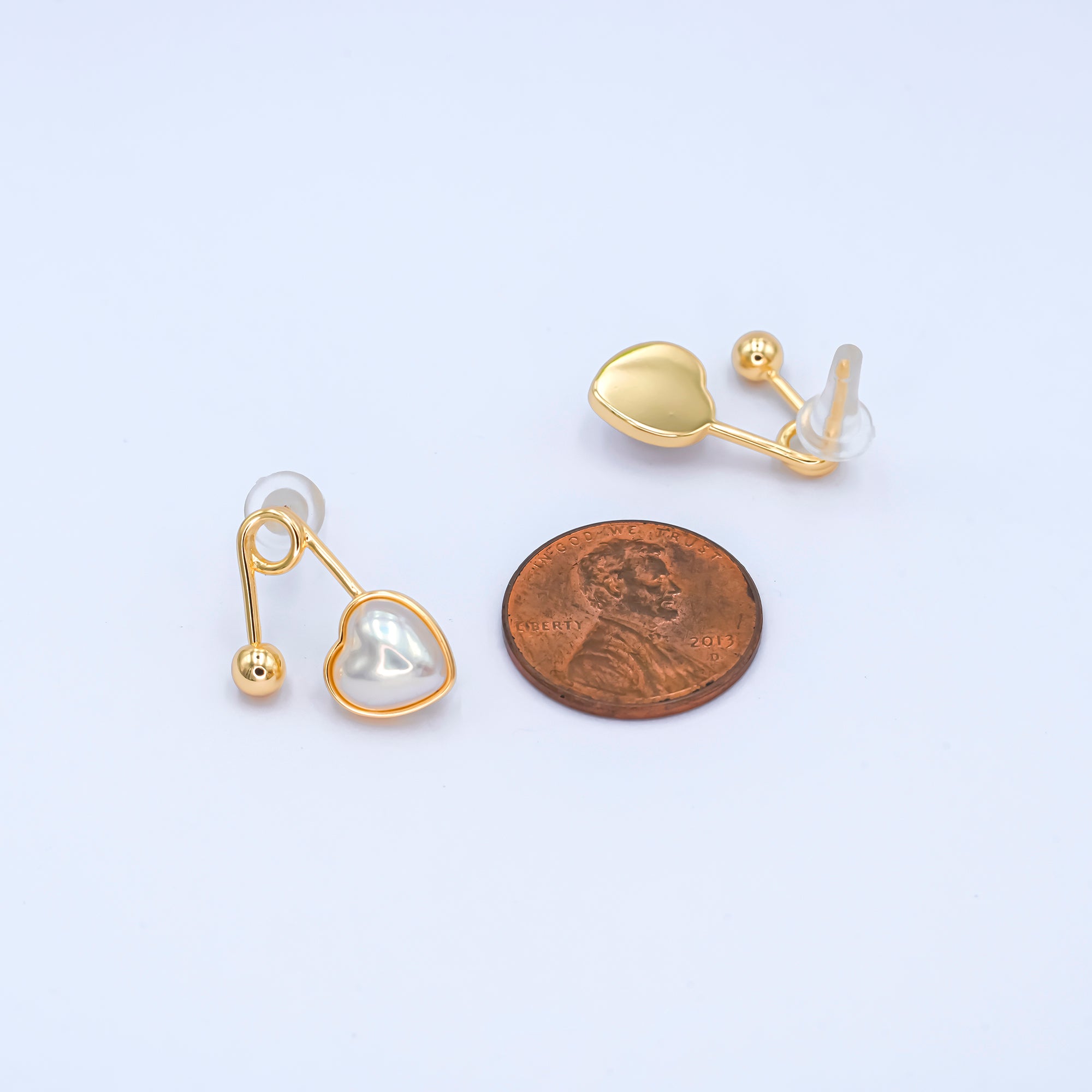 24K Gold Plated White Shell Pearl Heart Safety Pin Earrings Set in Gold & Silver | AB565 AB591