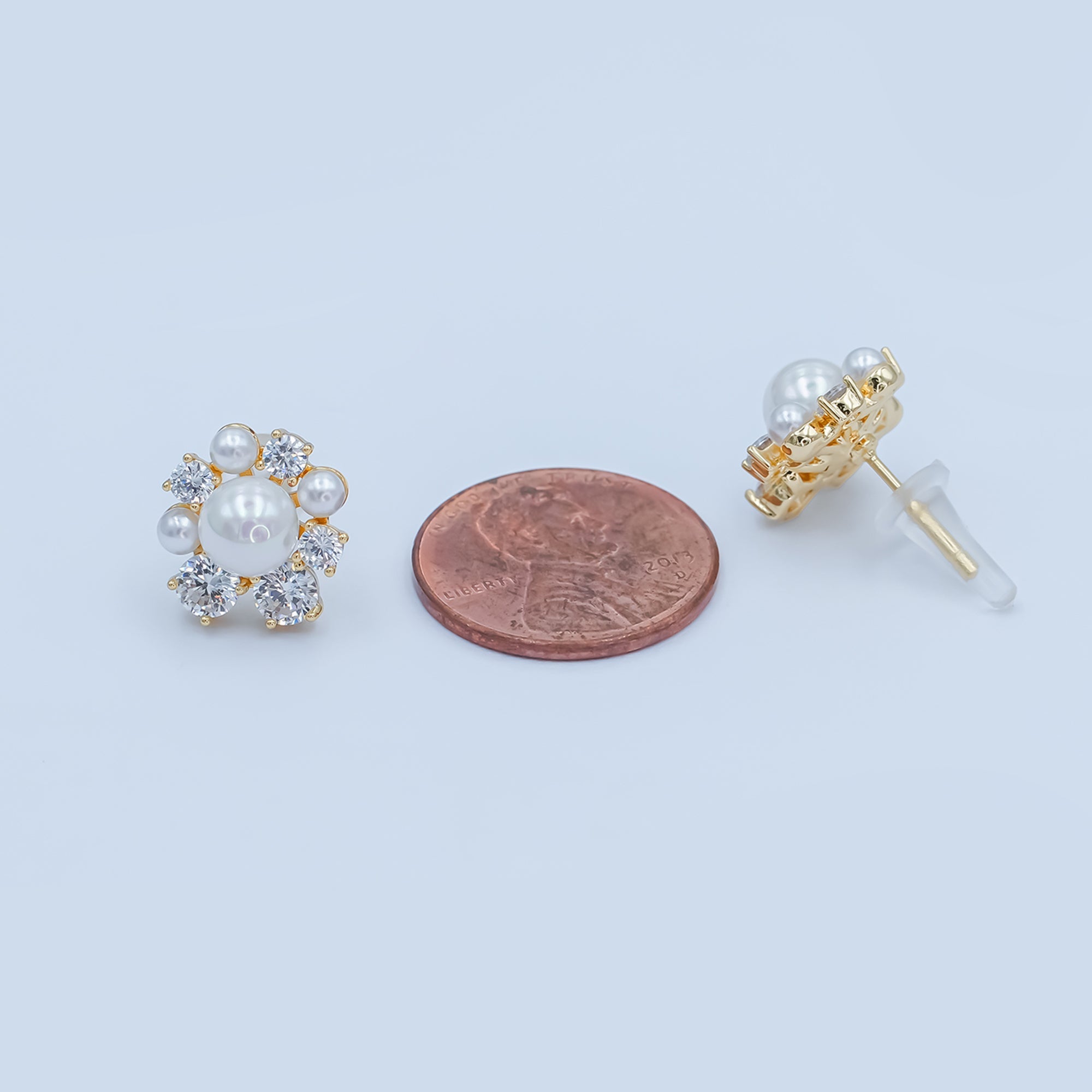 24K Gold Plated Shell Pearl CZ Cluster Flower Stud Earrings in Gold & Silver | AB265 AB288