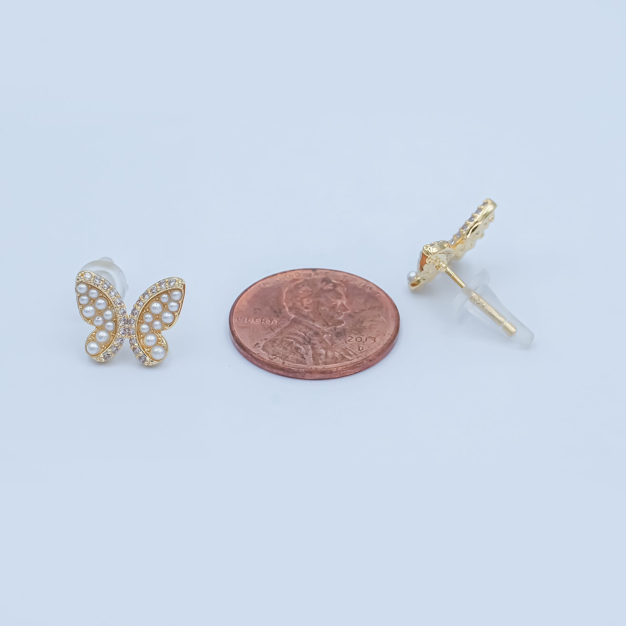 24K Gold Plated Micro Paved CZ Shell Pearl Butterfly Stud Earrings Set in Gold & Silver | AB263 AB264