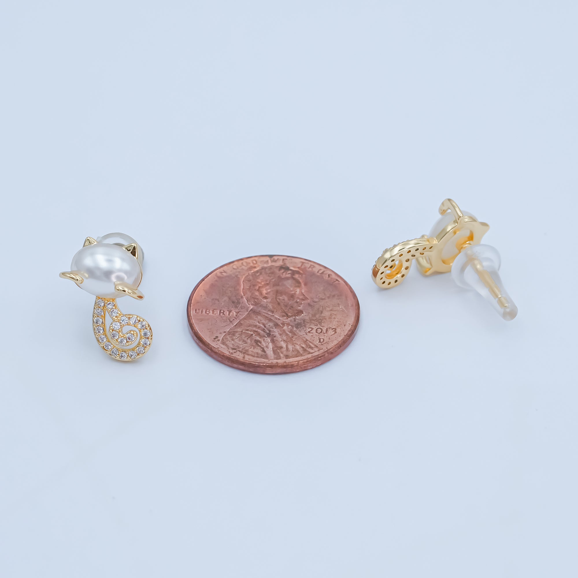 24K Gold Plated Shell Pearl Micro Paved CZ Kitten Cat Stud Earrings in Gold & Silver | AB1085 AB1090