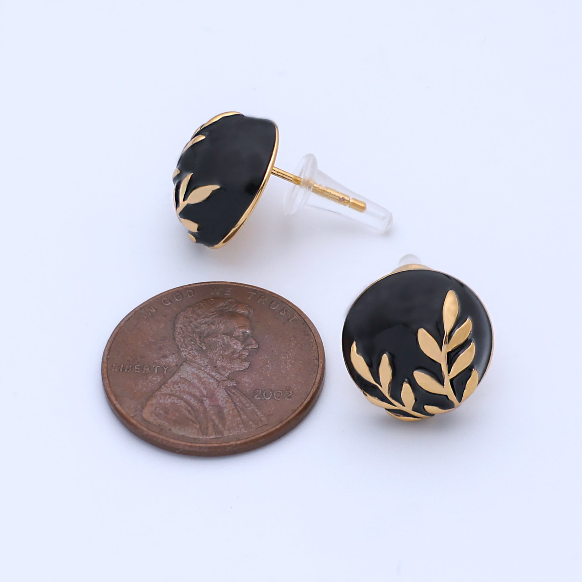 24K Gold Plated Black, White Leaf Round Stud Earrings in Gold & Silver | AB1044 AB1051 AB1058 AB1073