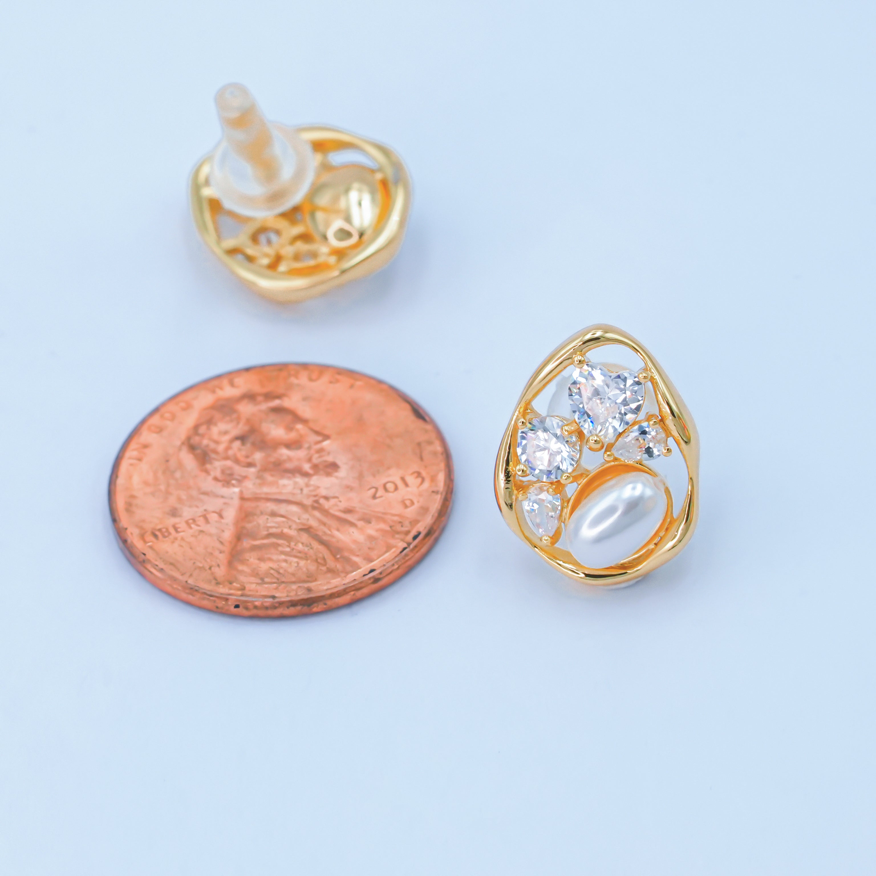 24K Gold Plated Shell Pearl CZ Cluster Teardrop Stud Earrings in Gold & Silver | AB188 AB189