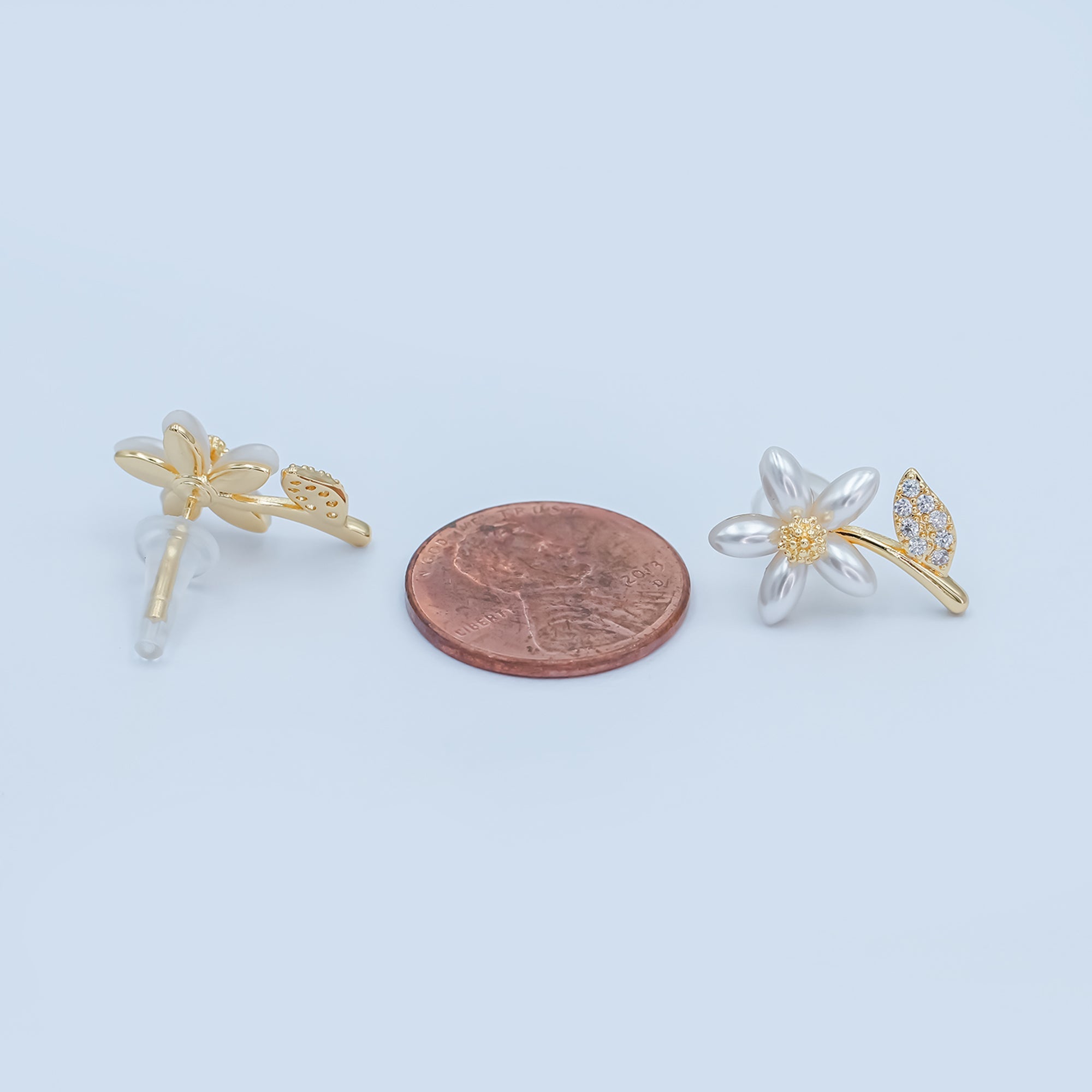 24K Gold Plated Shell Pearl Micro Paved CZ Flower Stud Earrings in Gold & Silver | AB201 AB202