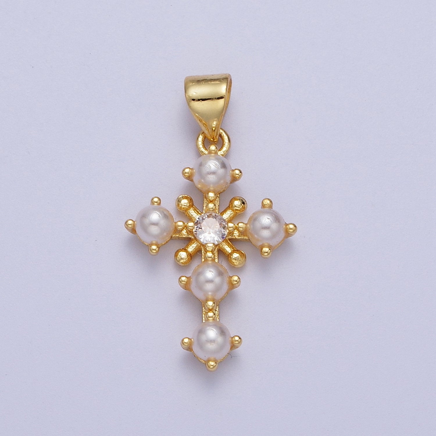 24K Gold Filled CZ Shell Pearl Religious Cross Pendant | H663