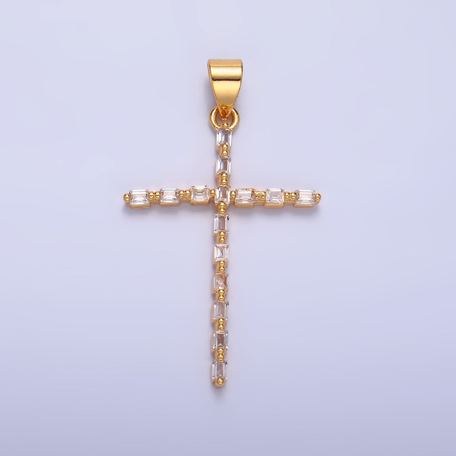 24K Gold Filled 35mm Clear CZ Baguette Religious Cross Pendant | I244