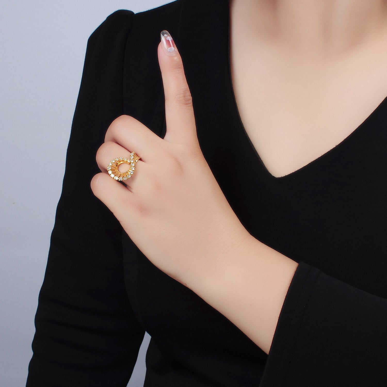 24K Gold Filled Micro Paved CZ Curved Filigree Geometric Ring | O1397