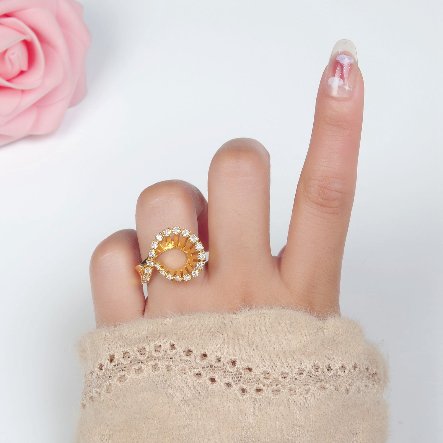 24K Gold Filled Micro Paved CZ Curved Filigree Geometric Ring | O1397