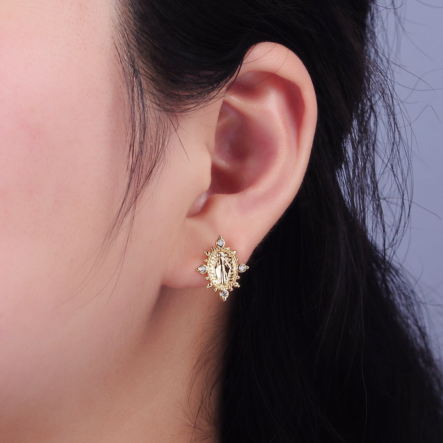 16K Gold Filled Mary Guadalupe Religious CZ Dotted Oval Stud Earrings | AB1118 - DLUXCA