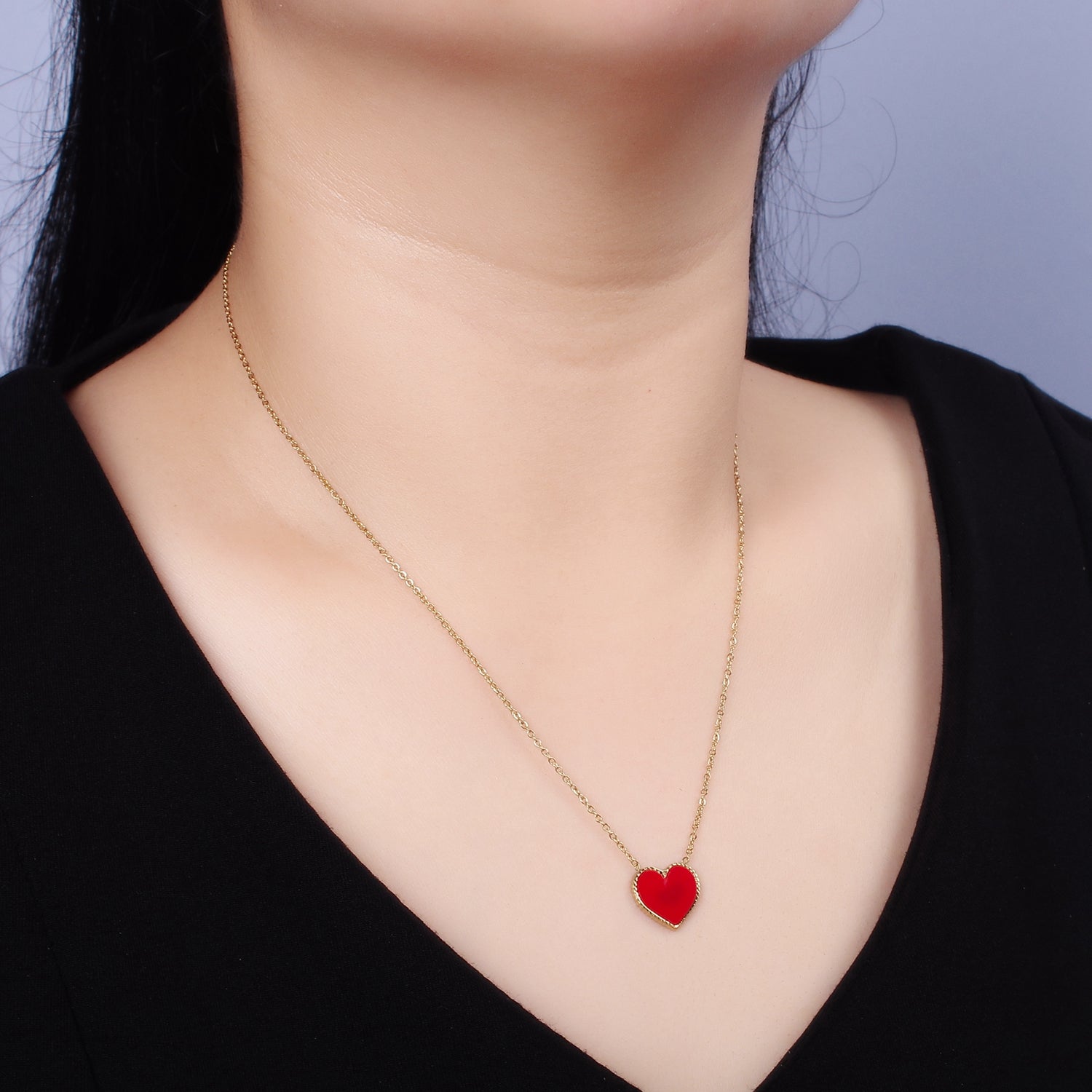 Stainless Steel Red Heart Enamel 1mm Dainty Cable 18 Inch Chain Necklace | WA-2044 - DLUXCA