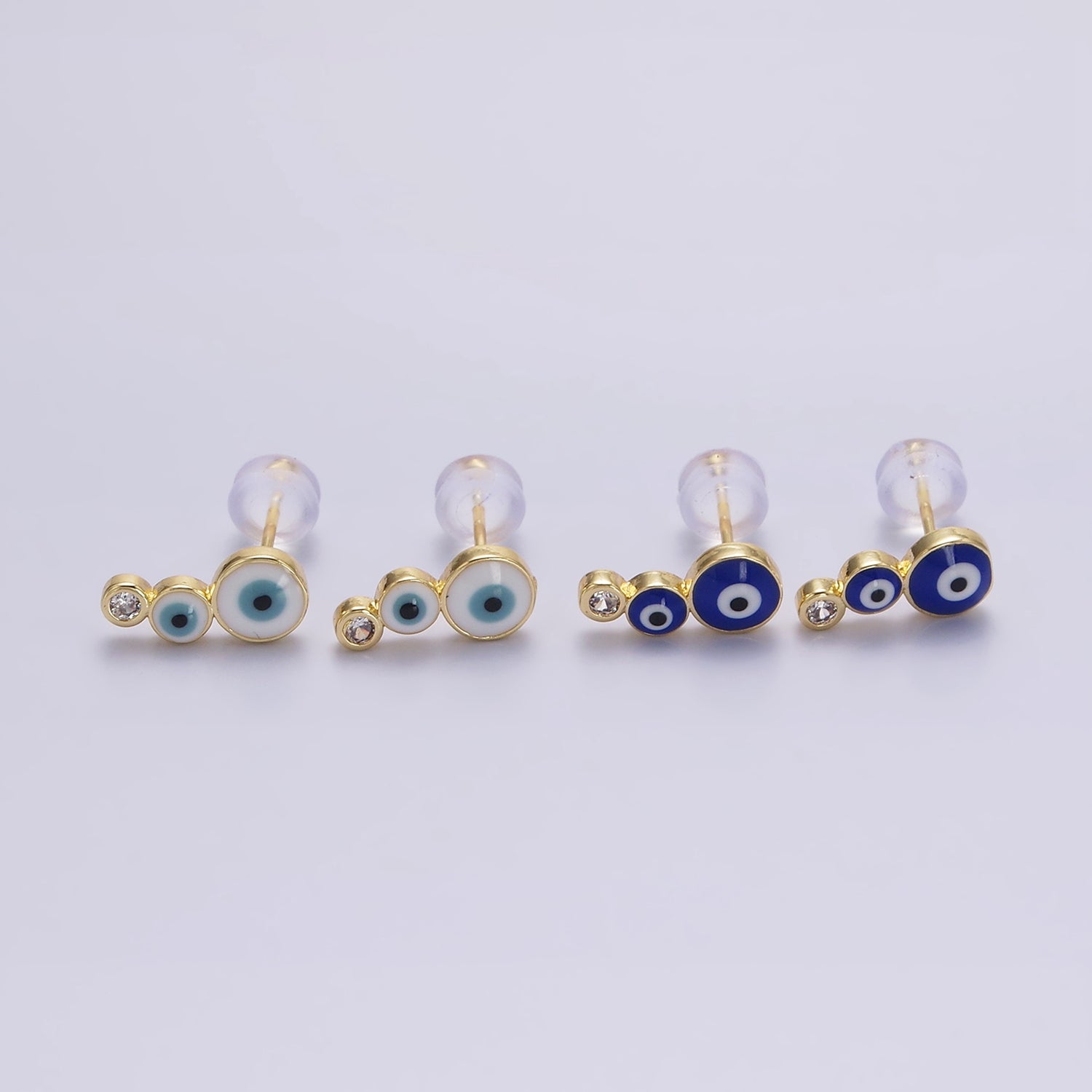 14K Gold Filled White, Blue Evil Eye Triple Bubble Clear CZ Stud Earrings | AE670 AE671 - DLUXCA