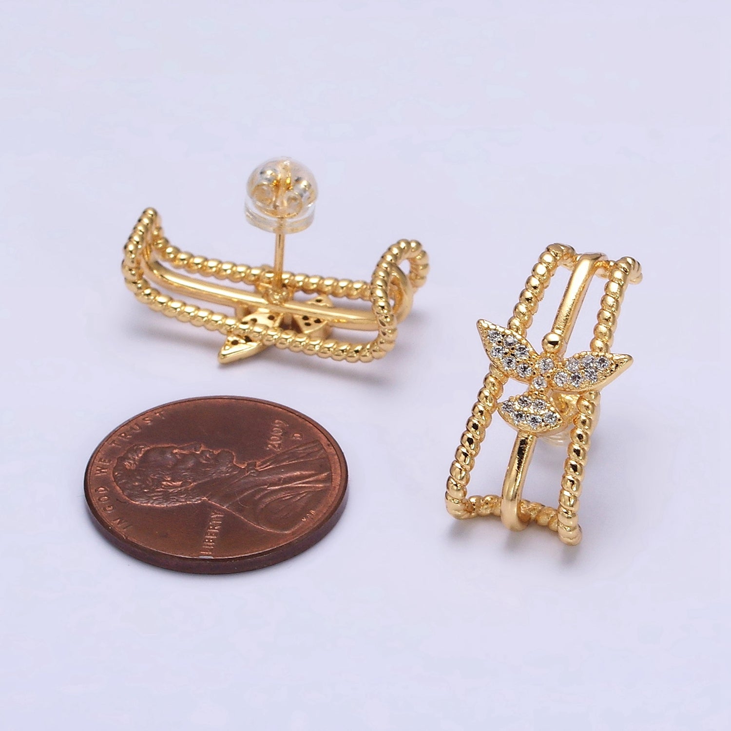 16K Gold Filled Triple Bar Twist Micro Paved CZ Bird 20mm Stud Earrings Set in Gold & Silver | AE848 AE849 - DLUXCA