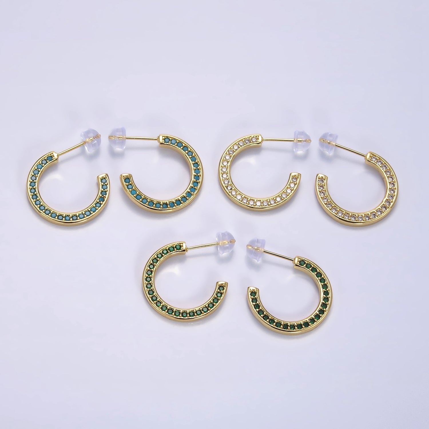 14K Gold Filled Green, Clear, Turquoise Round CZ Lined 20mm C-Shaped Hoop Earrings | AE661 - AE663 - DLUXCA