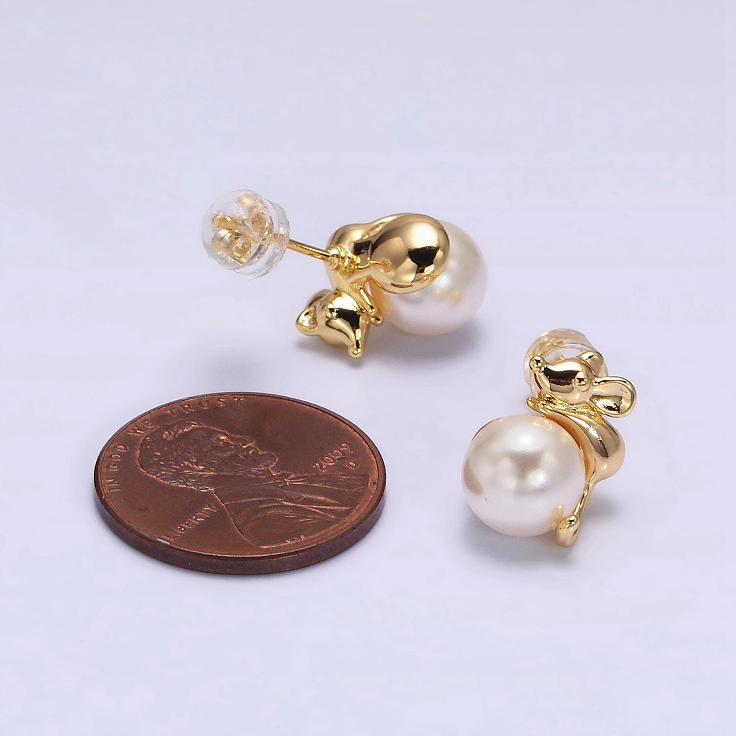 16K Gold Filled Round White Pearl Mouse Mice Animal Stud Earrings in Gold & Silver | AE556 AE557 - DLUXCA