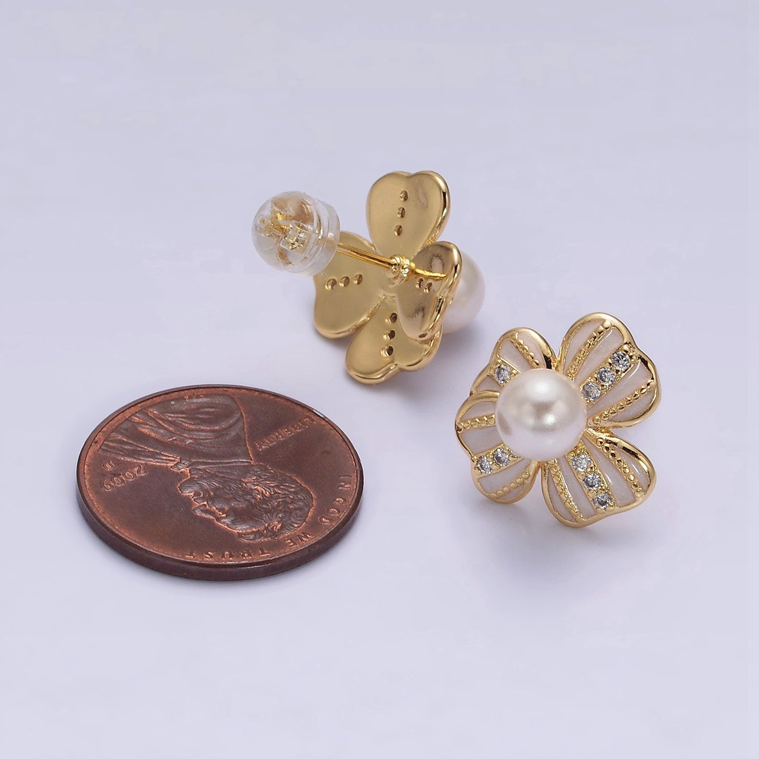 16K Gold Filled Pearl Ribbon Flower White Enamel Micro Paved CZ Stud Earrings in Gold & Silver | AE844 AE845 - DLUXCA