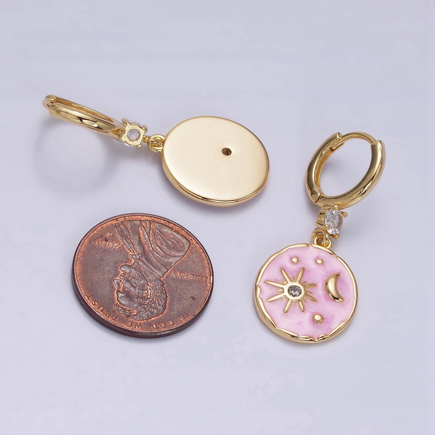 16K Gold Filled Celestial Sun Star Crescent Moon White, Blue, Pink Sparkly Enamel Round Stamped CZ Drop Huggie Earrings | AE831 - AE833 - DLUXCA