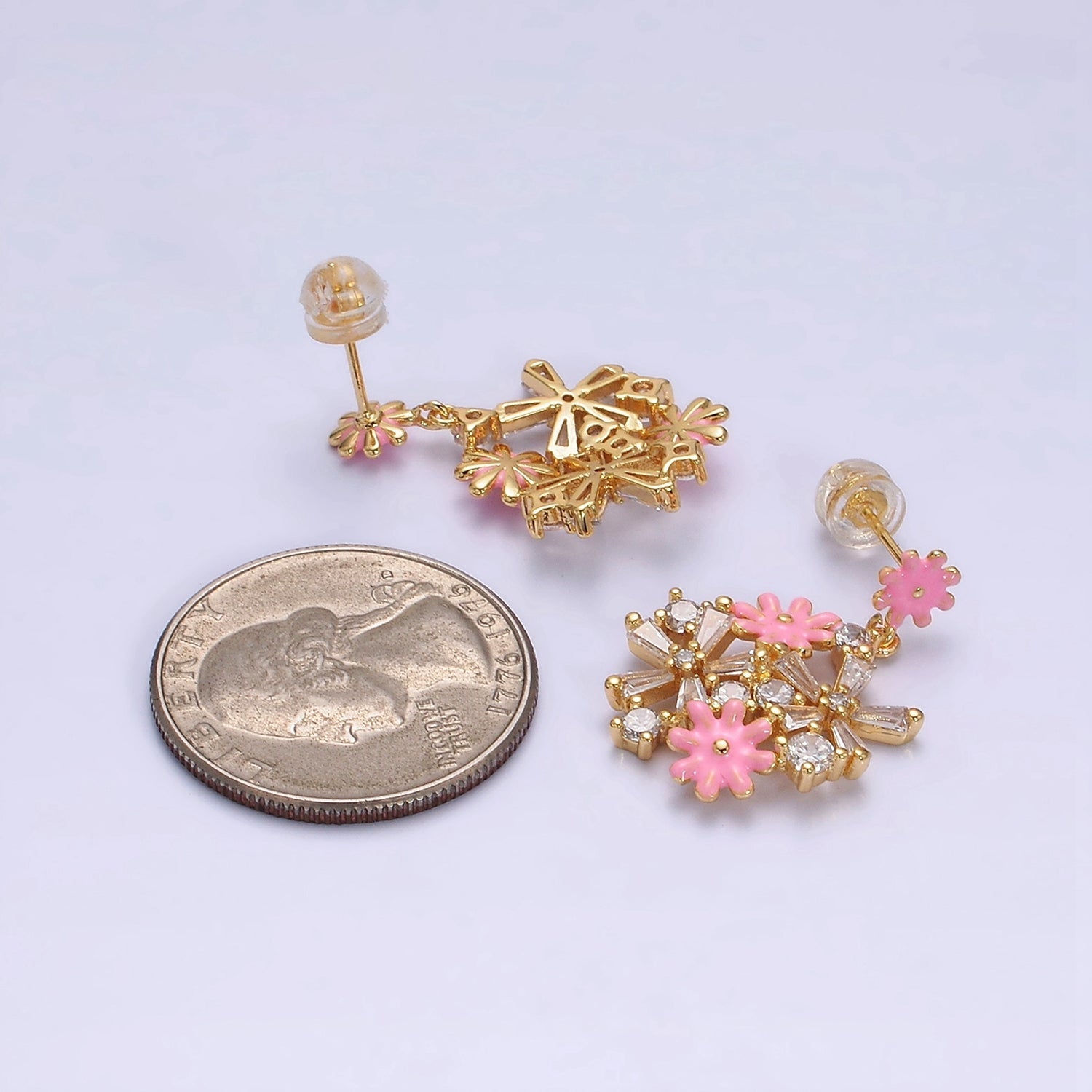 16K Gold Filled Pink, White Enamel Flower Baguette Drop Stud Earrings in Gold & Sliver | AE334 - AE460 - DLUXCA