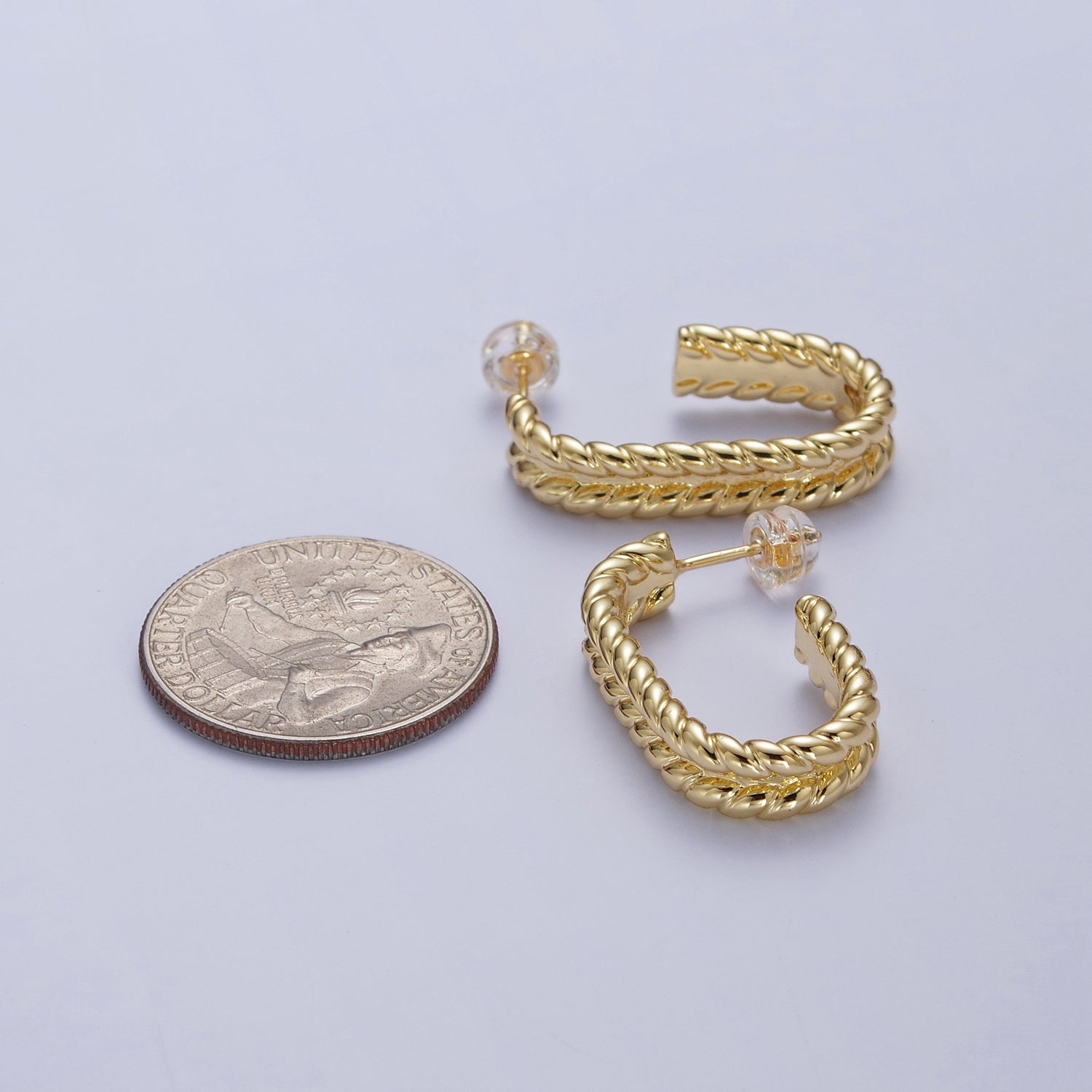 Wide Braided Twist Wheat J Shaped Hoop Stud Earrings in Gold & Silver | AD-528 AD-529
