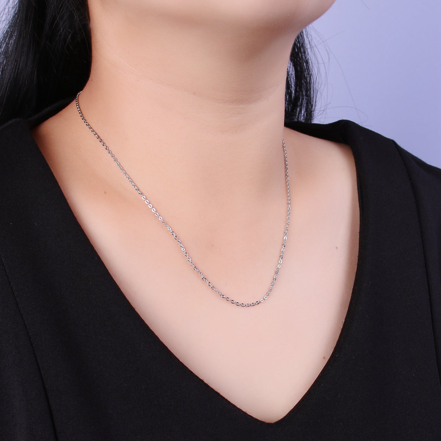 White Gold Filled 1.4mm Dainty Cable Chain 16 Inch Choker Chain Necklace w. Extender | WA-439 - DLUXCA