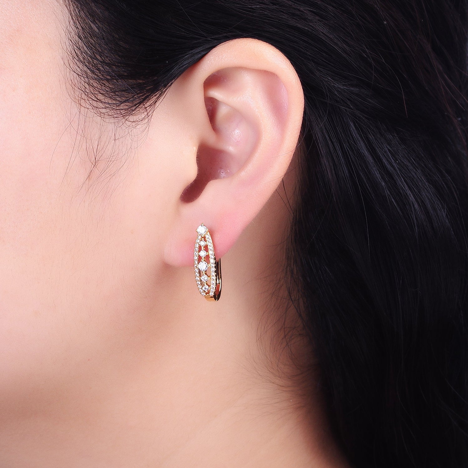 Gold, Silver Oblong Clear Micro Paved Linear English Lock Earrings | AB834 AB655 - DLUXCA