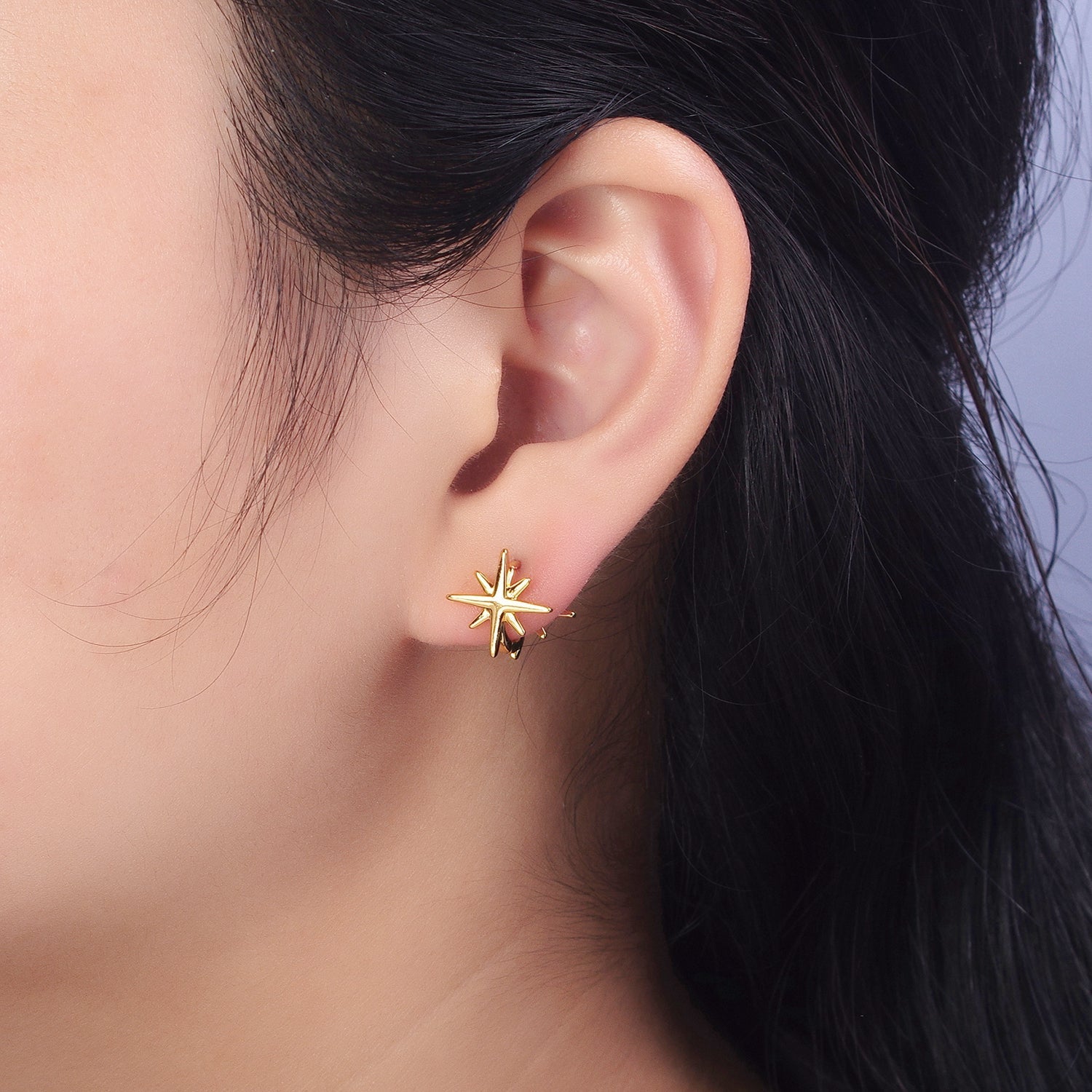 24K Gold Filled 12mm Celestial North Star Double Sided Minimalist Huggie Earrings | AB301