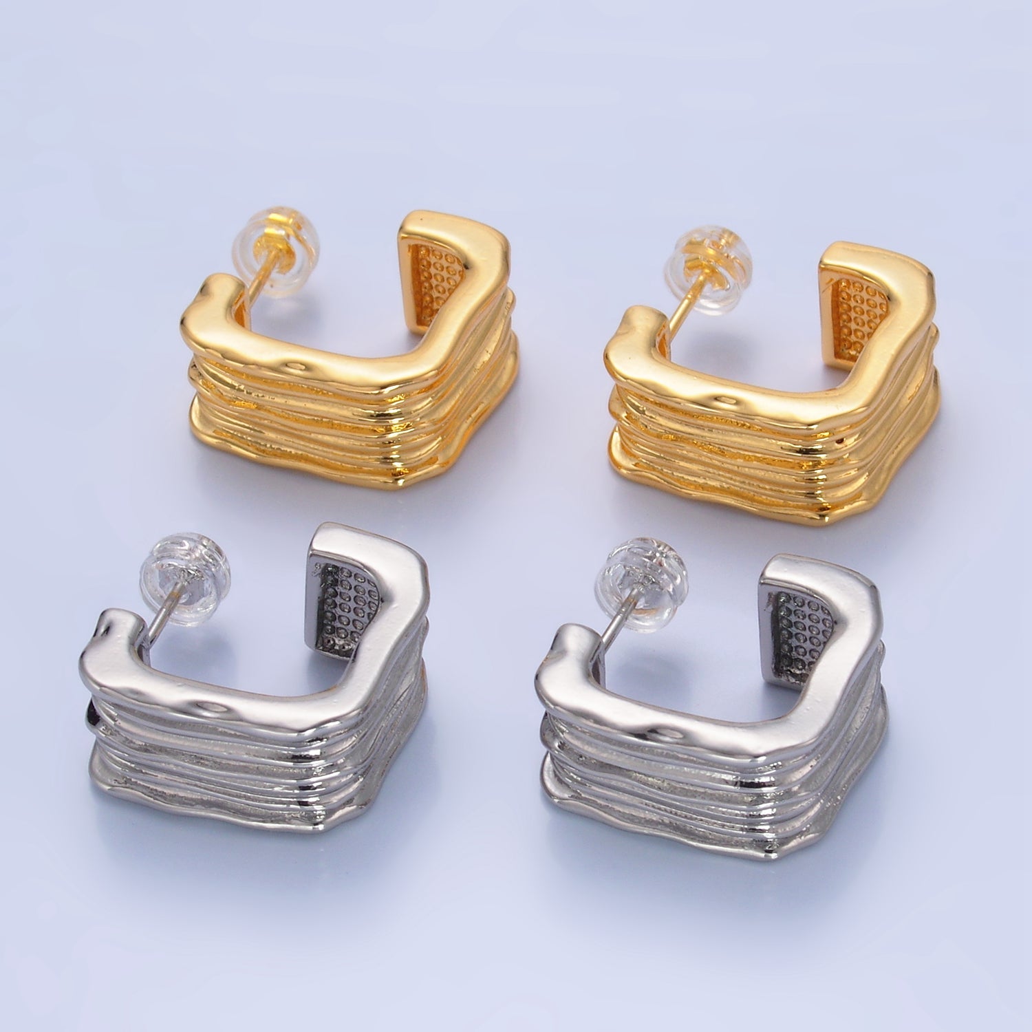 24K Gold Filled 20mm Molten Lined Square J-Shaped Hoop Earrings in Gold & Silver | P378 P385