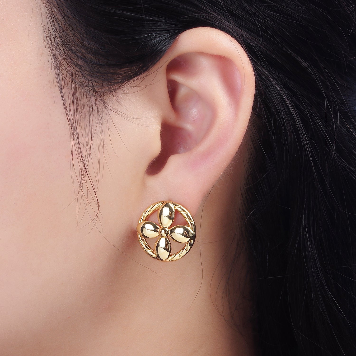 14K Gold Filled Flower Nature Open Lined Braided Round Stud Earrings | AE1004 - DLUXCA