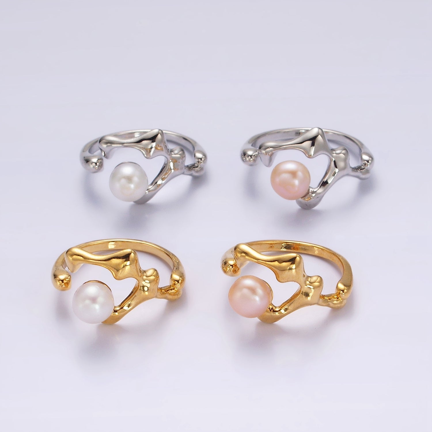 14K Gold Filled Pink, White Pearl Molten Abstract Open Wrap Band Ring in Silver & Gold | O668 - O671 - DLUXCA