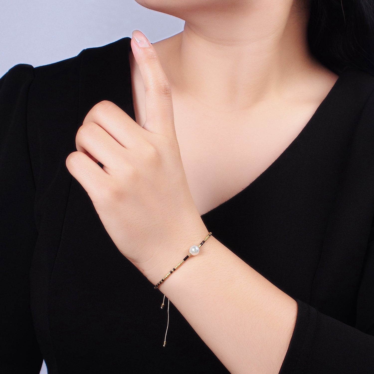 Dainty Shell Pearl Cord Bracelet with Gold Black Beaded Adjustable Bracelet WA-2203 - DLUXCA