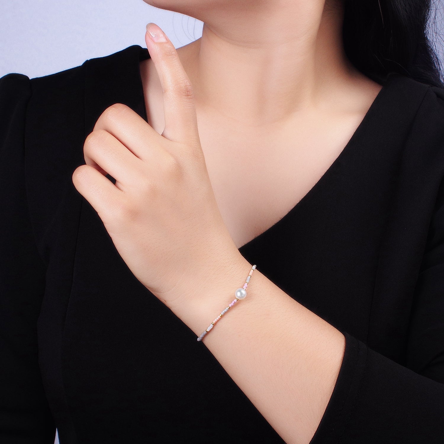 Dainty Shell Pearl Cord Bracelet with Gray Pink Gold Cylinder Beaded Adjustable Bracelet WA-2202 - DLUXCA