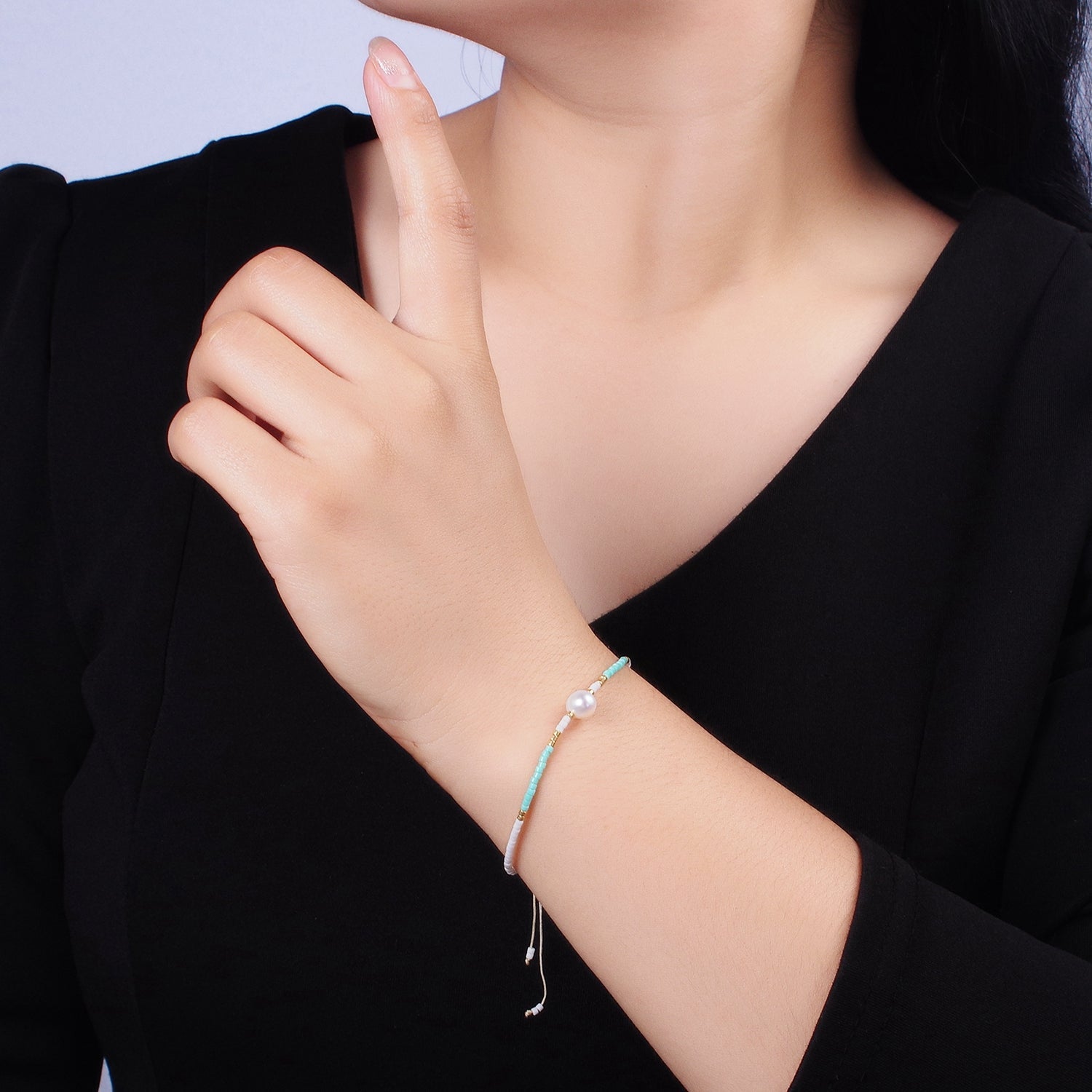 Dainty Shell Pearl Cord Bracelet Turquoise White Gold Cylinder Beaded Adjustable Bracelet WA-2200 - DLUXCA